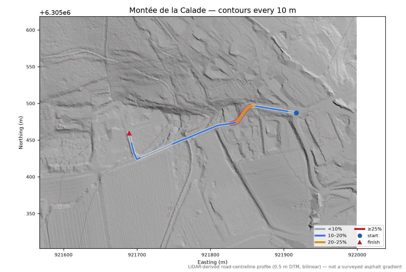 Montée de la Calade LiDAR hillshade map with contours