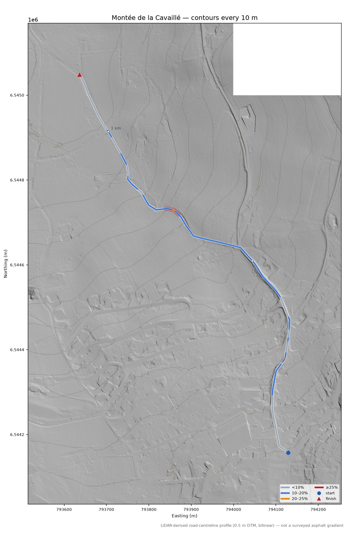Montée de la Cavaillé LiDAR hillshade map with contours