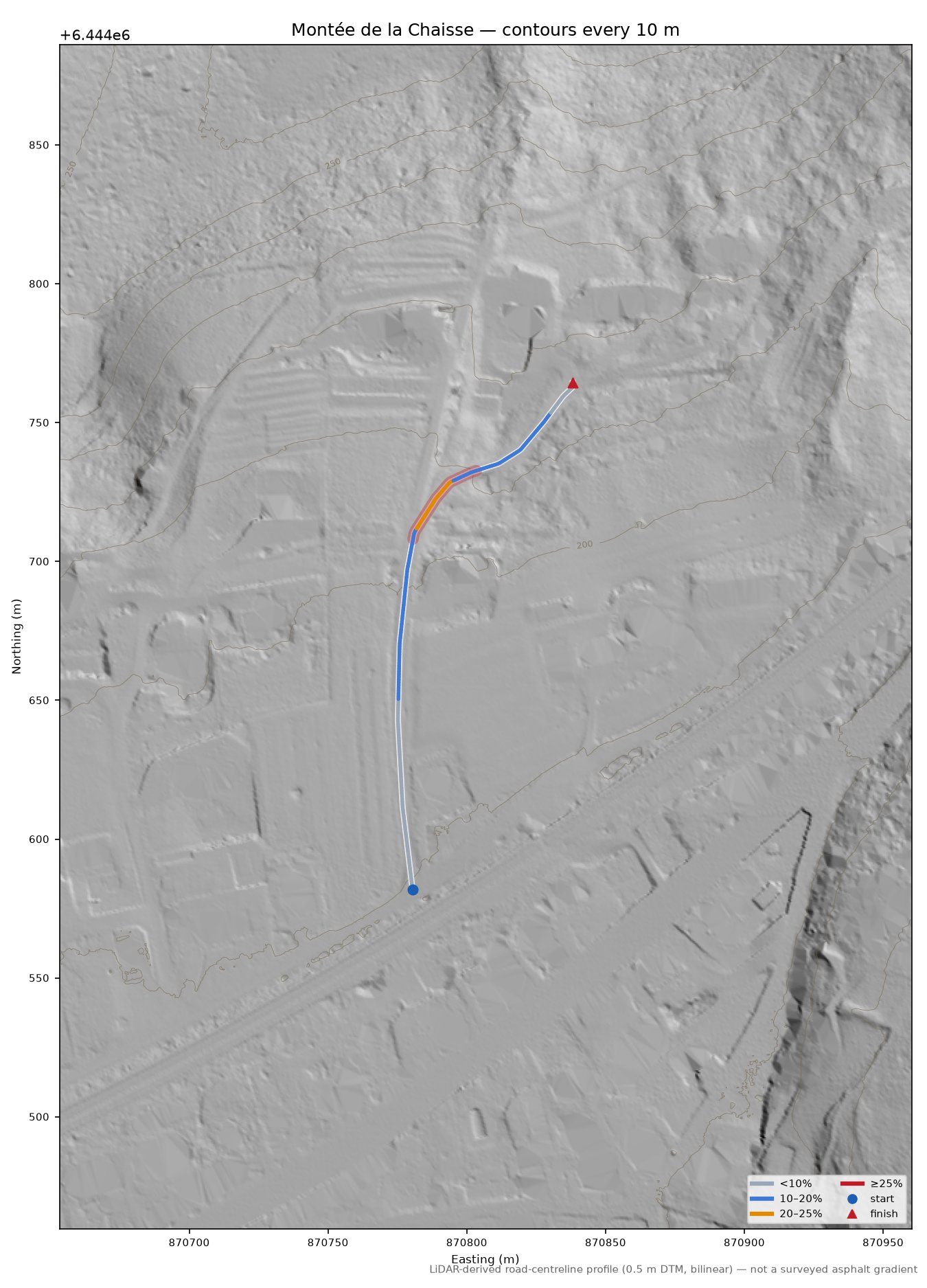 Montée de la Chaisse LiDAR hillshade map with contours