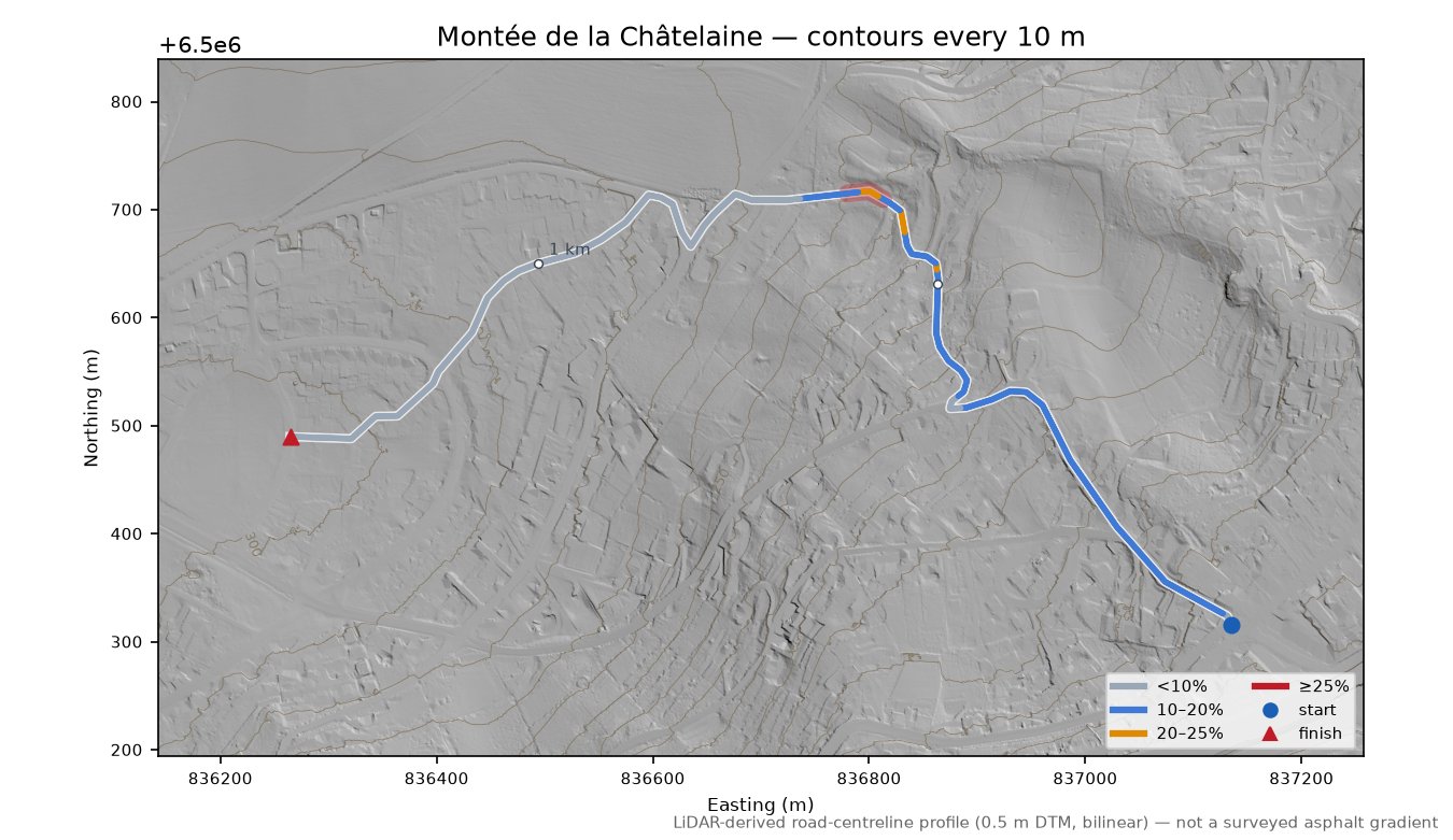 Montée de la Châtelaine LiDAR hillshade map with contours