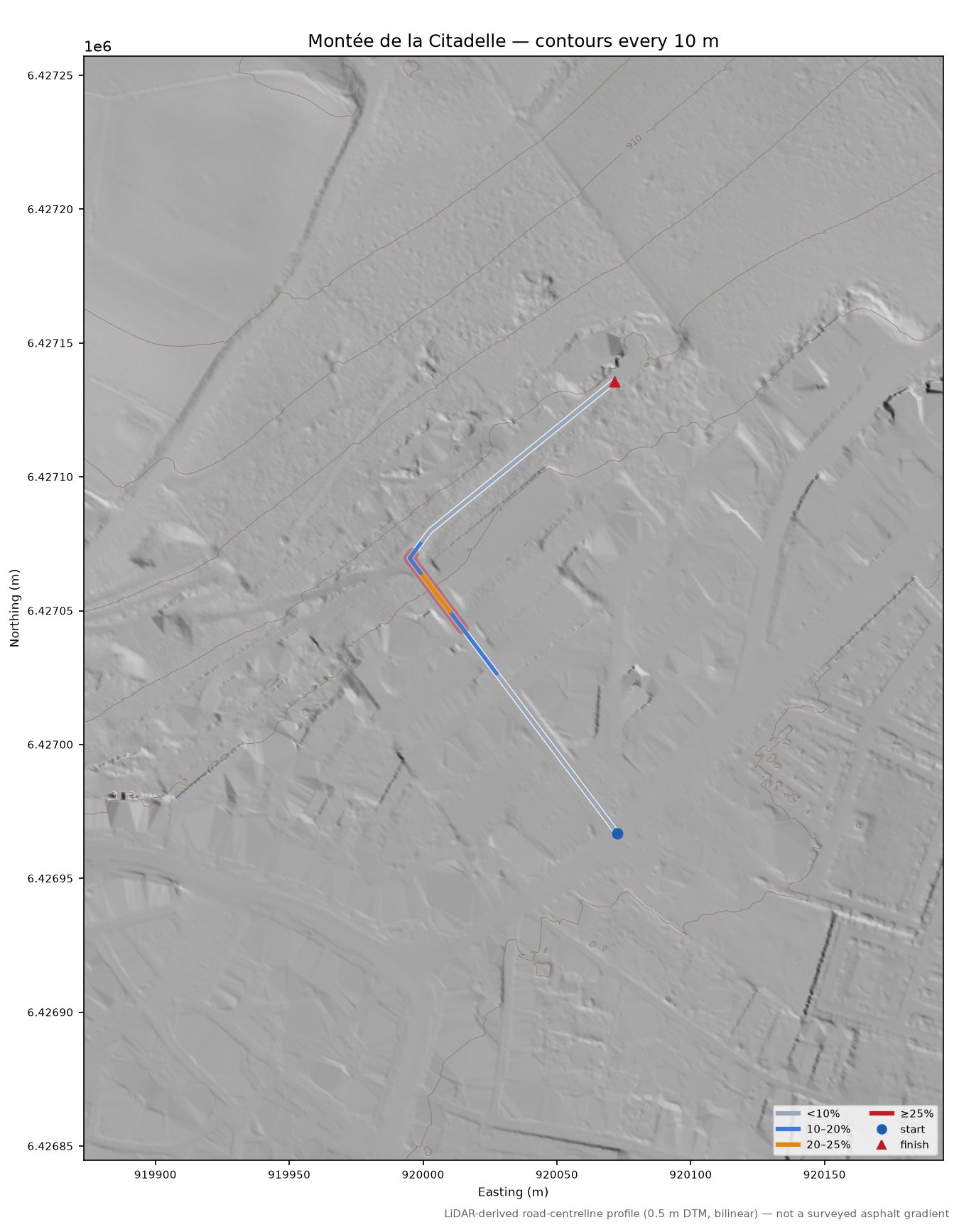 Montée de la Citadelle LiDAR hillshade map with contours