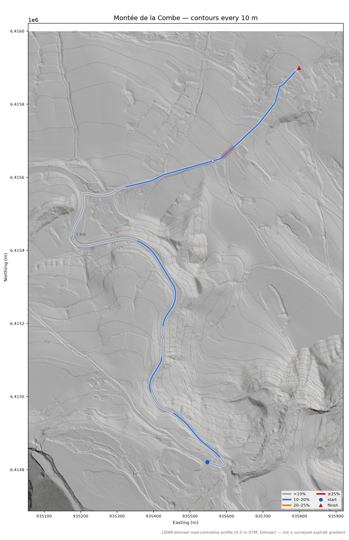 Montée de la Combe LiDAR hillshade map with contours