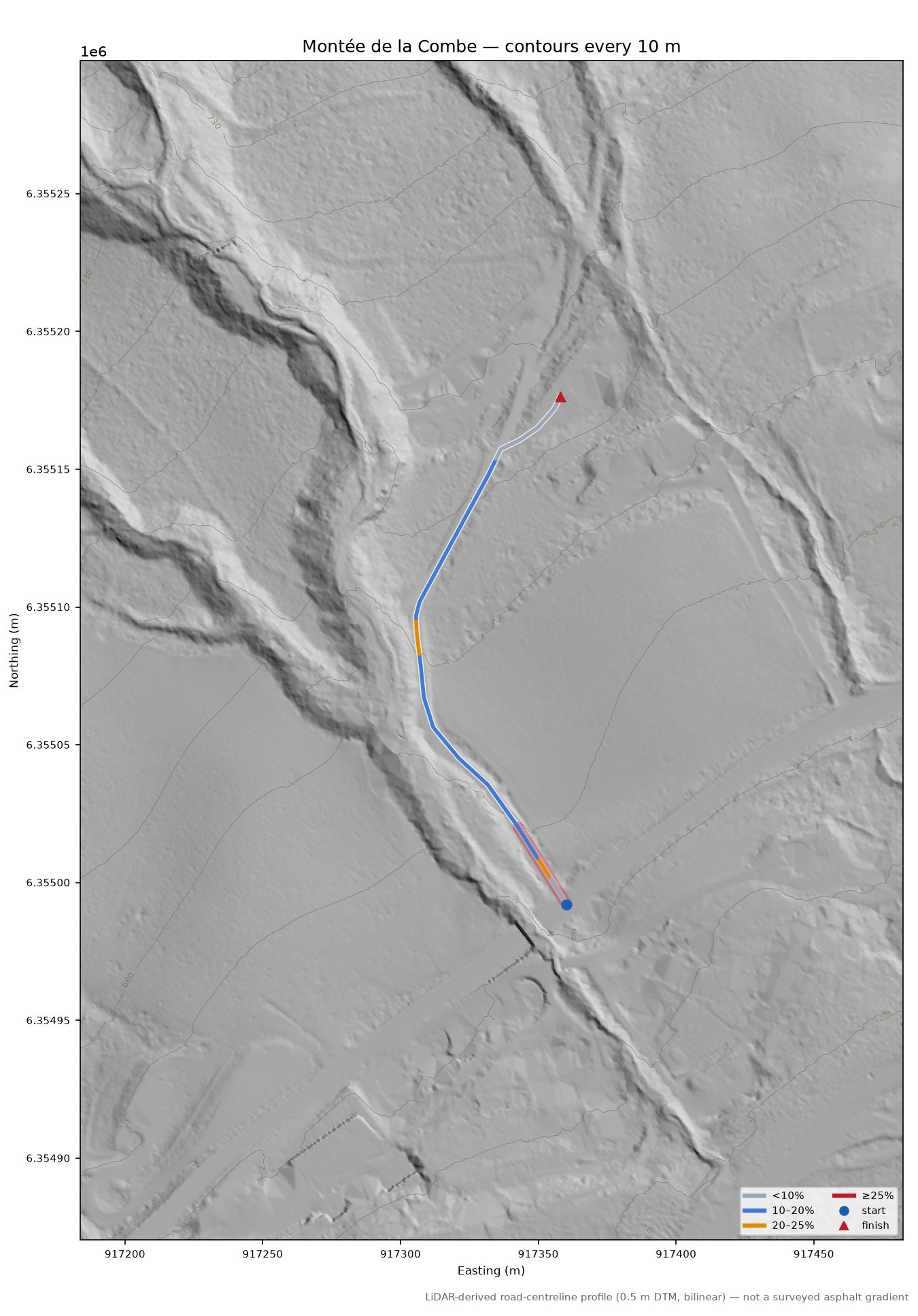 Montée de la Combe LiDAR hillshade map with contours
