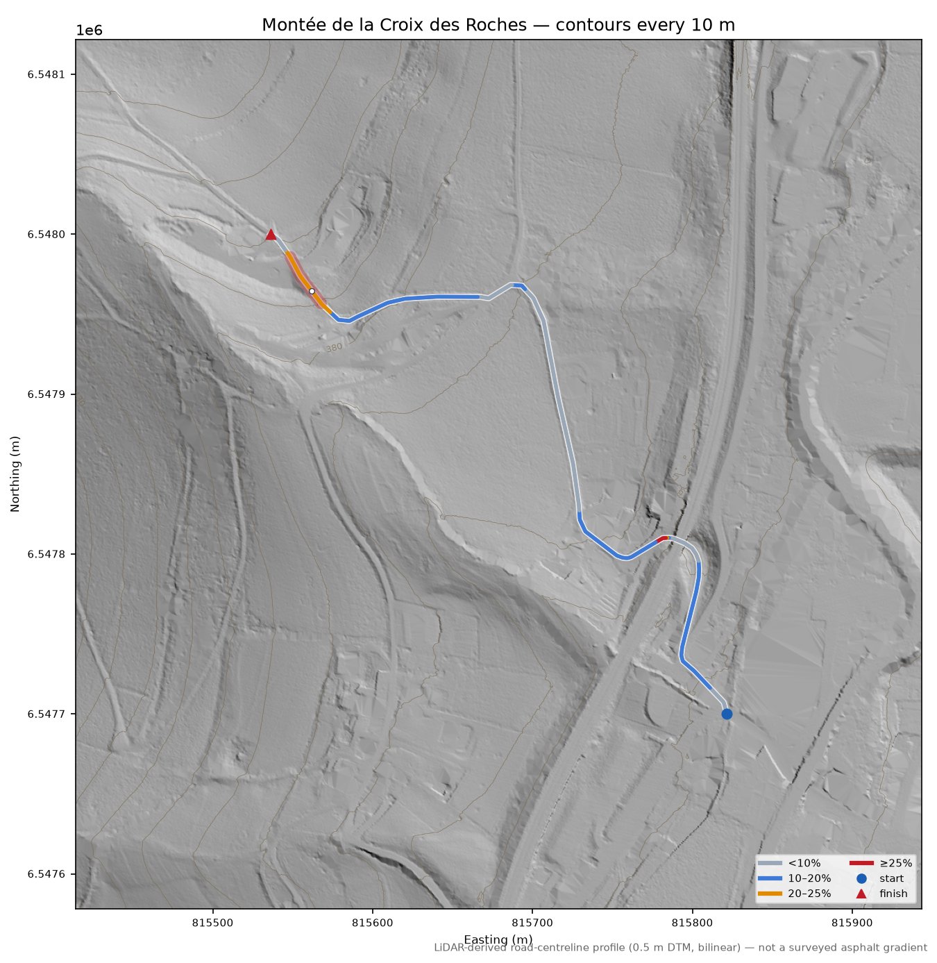 Montée de la Croix des Roches LiDAR hillshade map with contours
