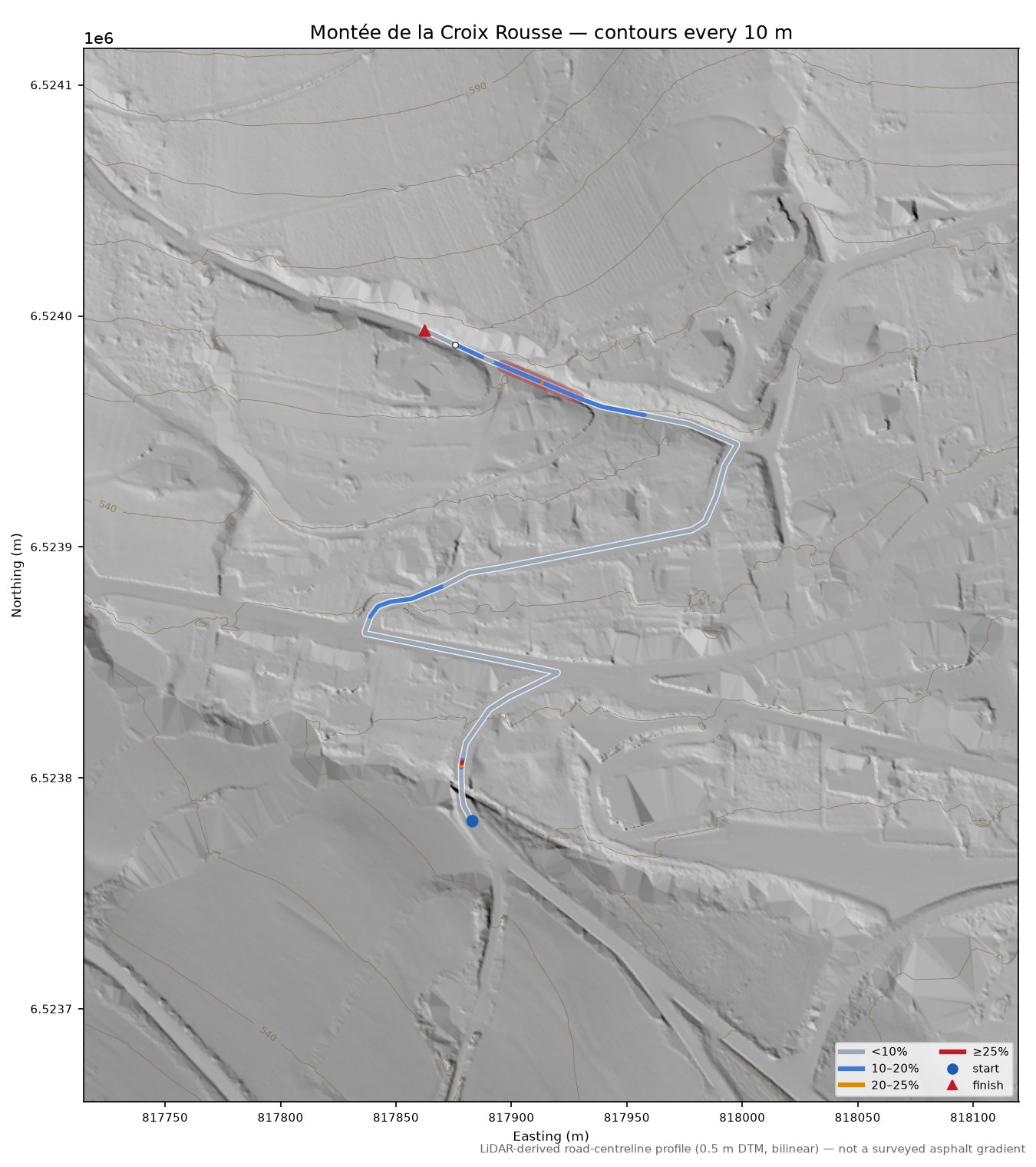 Montée de la Croix Rousse LiDAR hillshade map with contours