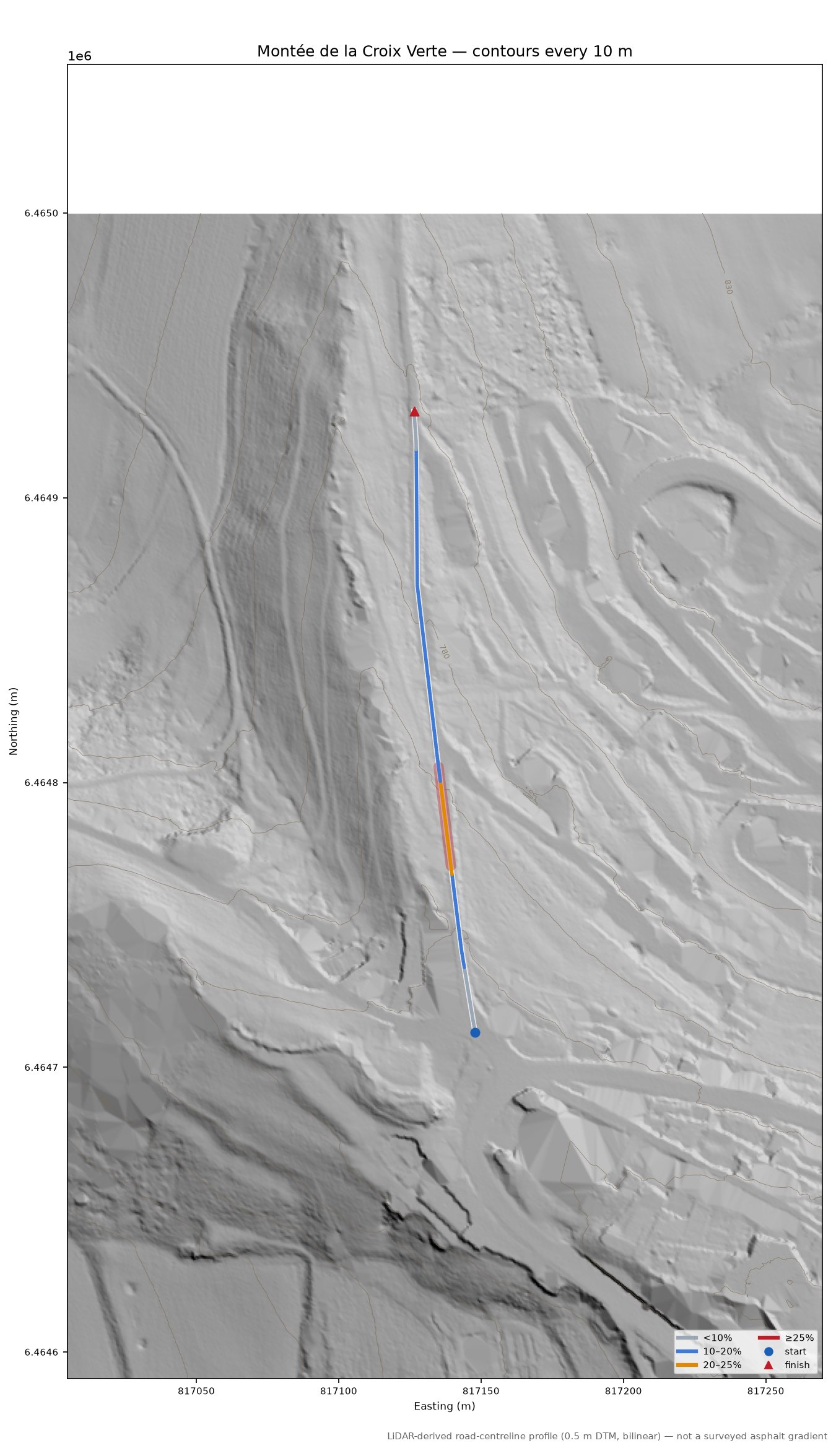 Montée de la Croix Verte LiDAR hillshade map with contours