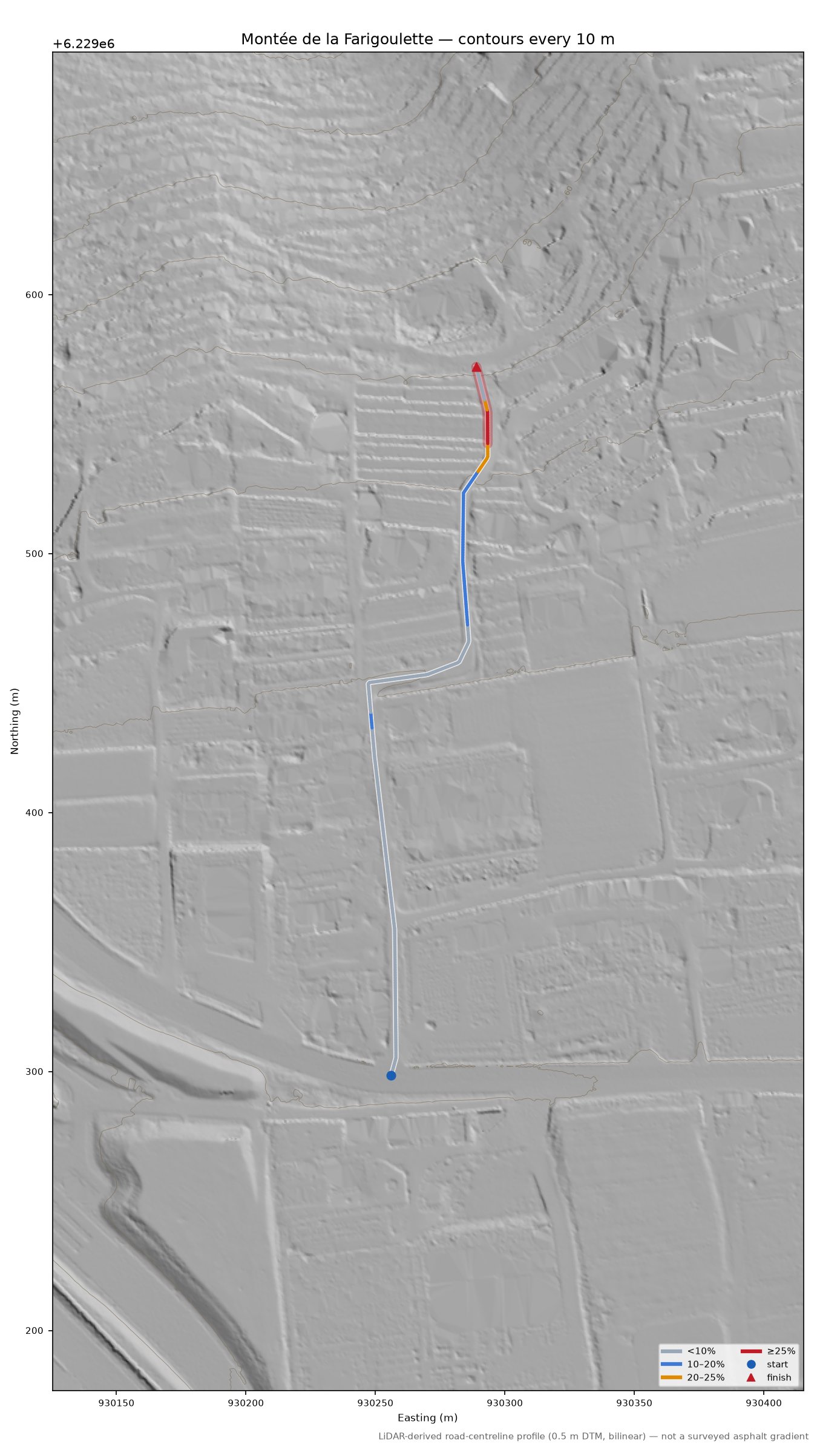 Montée de la Farigoulette LiDAR hillshade map with contours