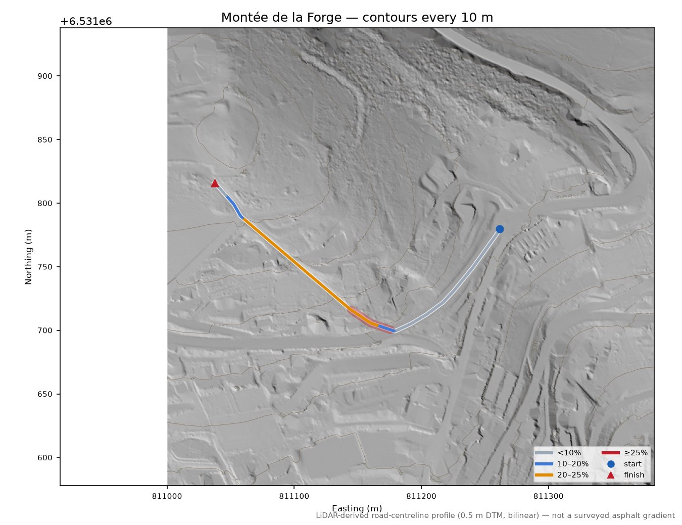 Montée de la Forge LiDAR hillshade map with contours