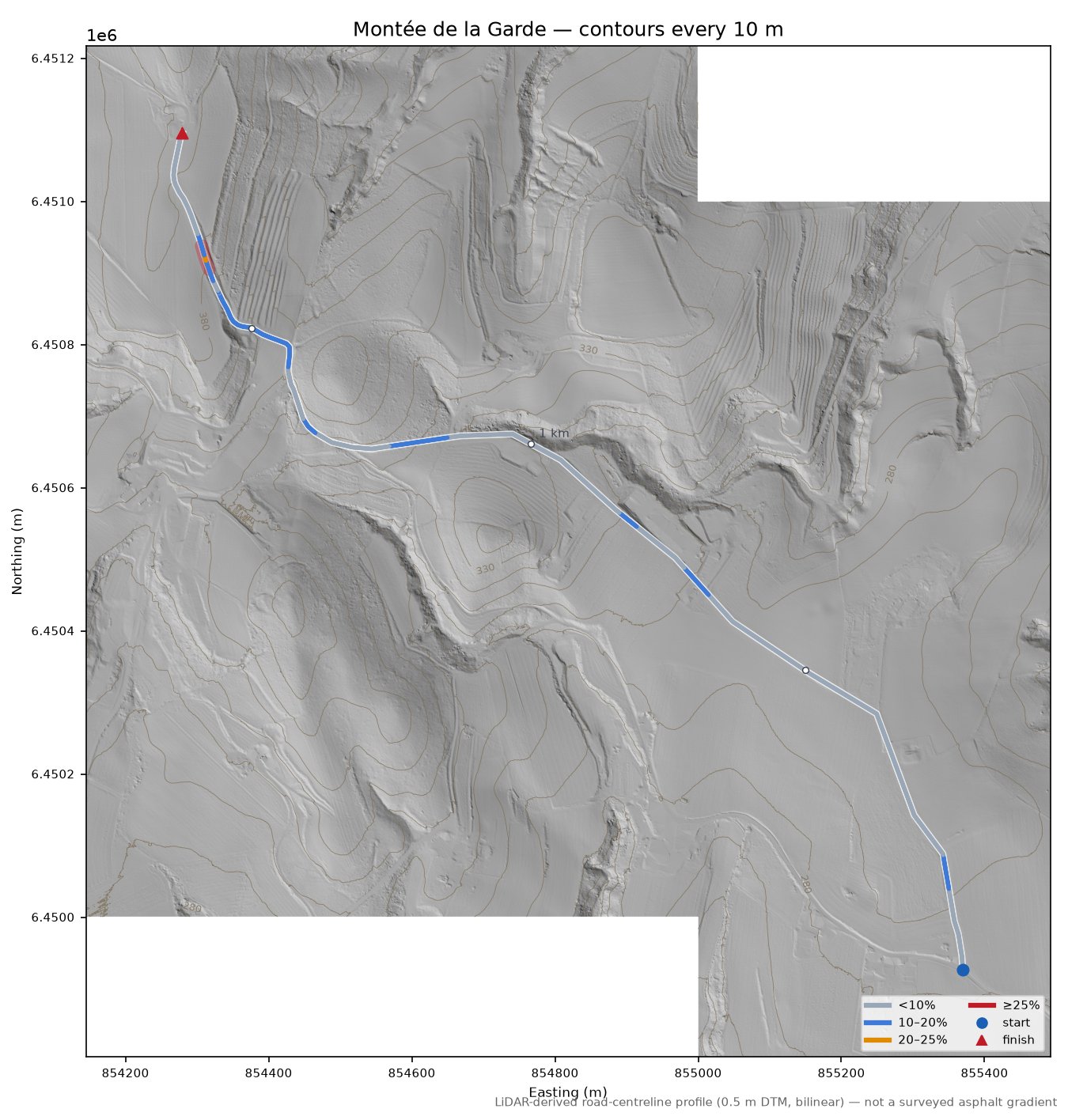 Montée de la Garde LiDAR hillshade map with contours