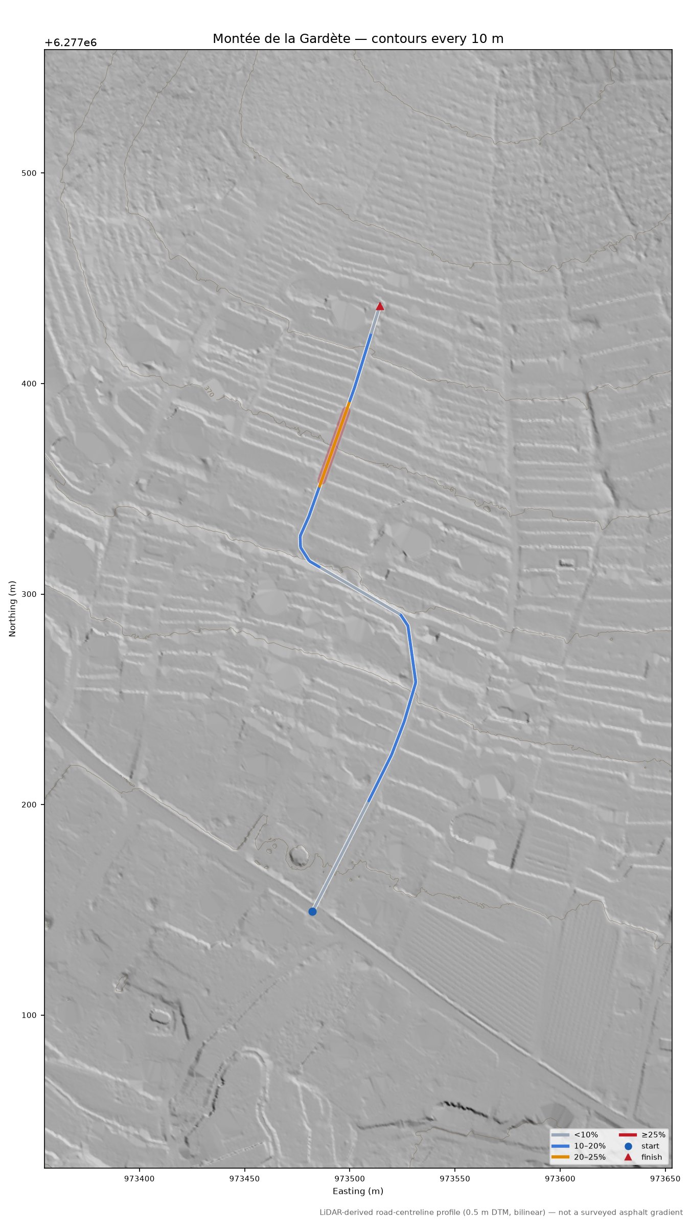 Montée de la Gardète LiDAR hillshade map with contours