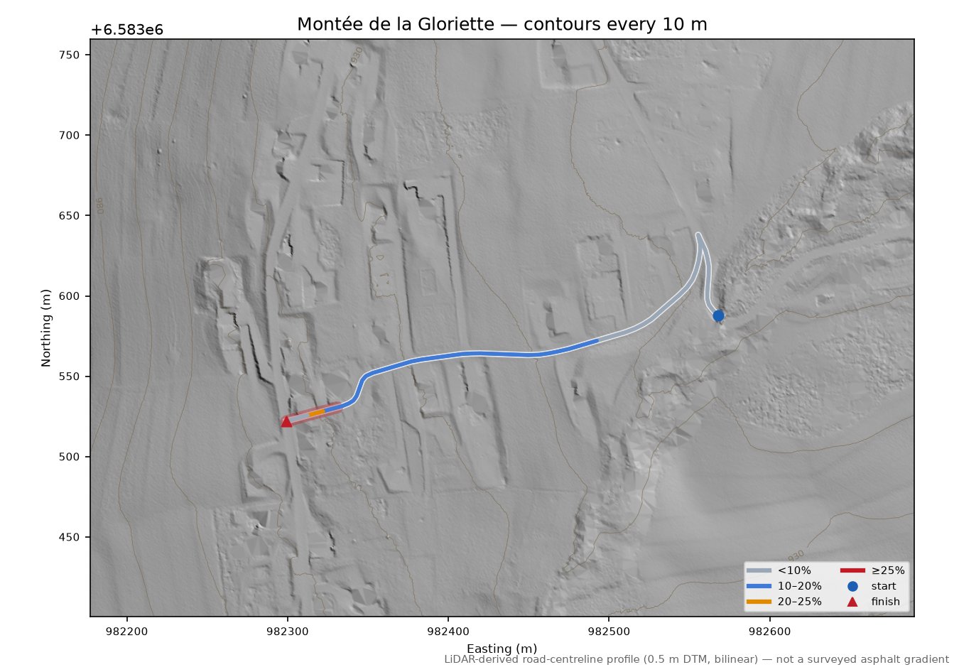Montée de la Gloriette LiDAR hillshade map with contours