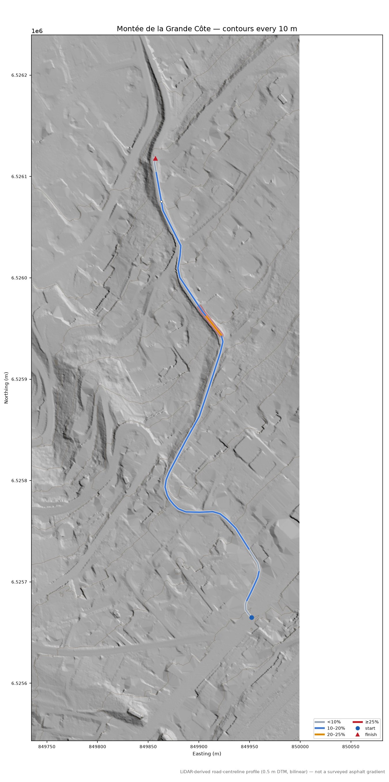 Montée de la Grande Côte LiDAR hillshade map with contours