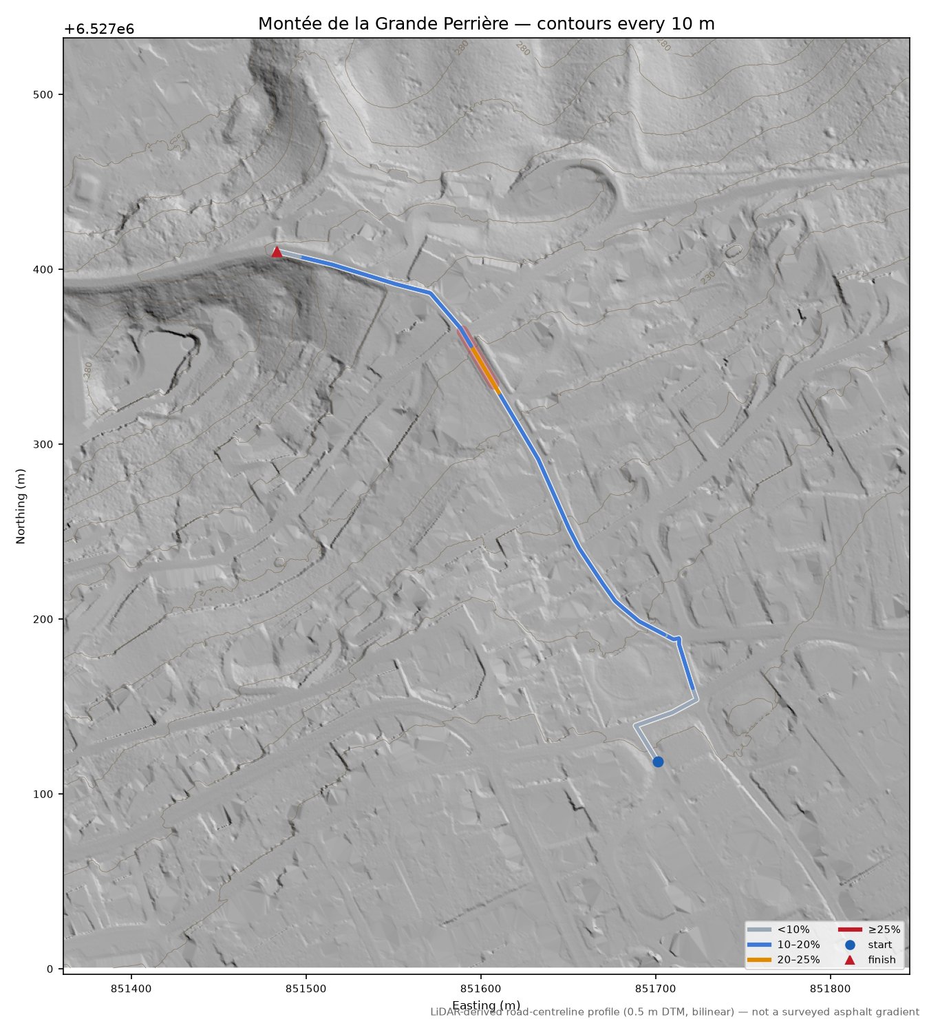 Montée de la Grande Perrière LiDAR hillshade map with contours
