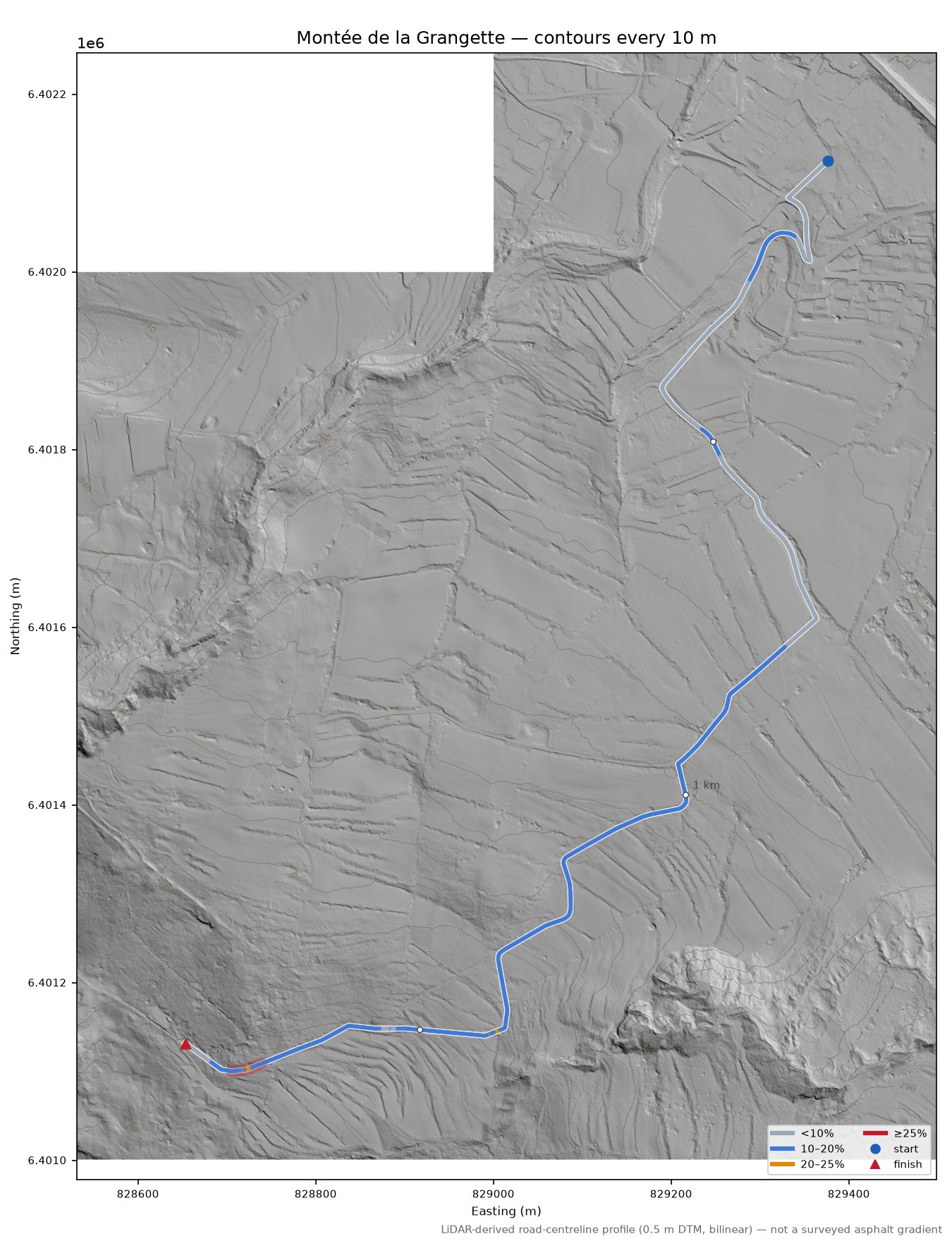 Montée de la Grangette LiDAR hillshade map with contours
