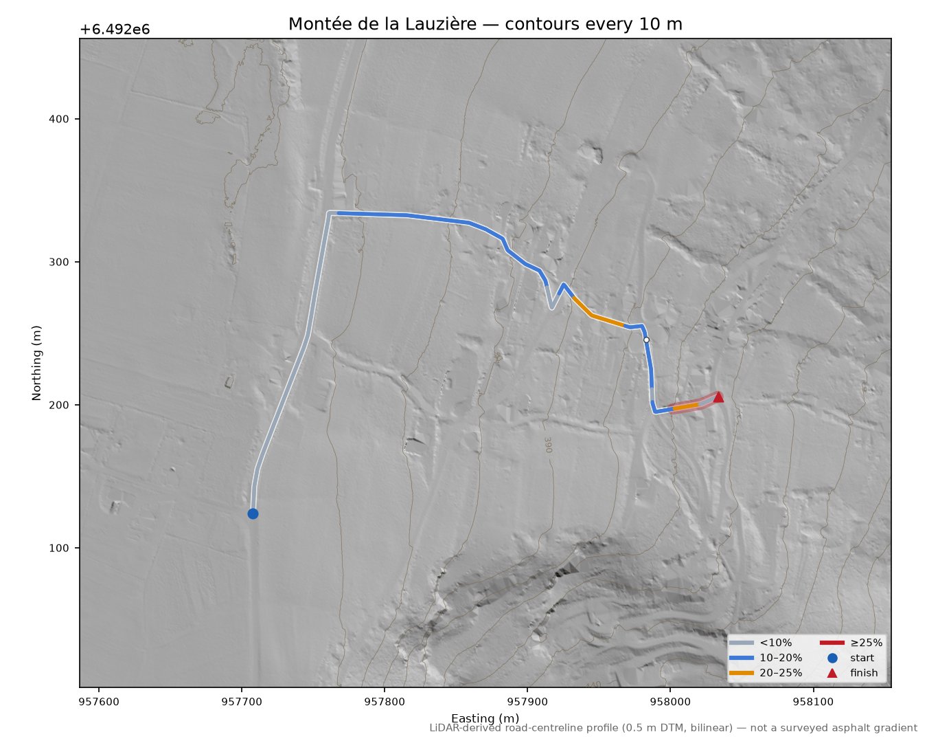 Montée de la Lauzière LiDAR hillshade map with contours