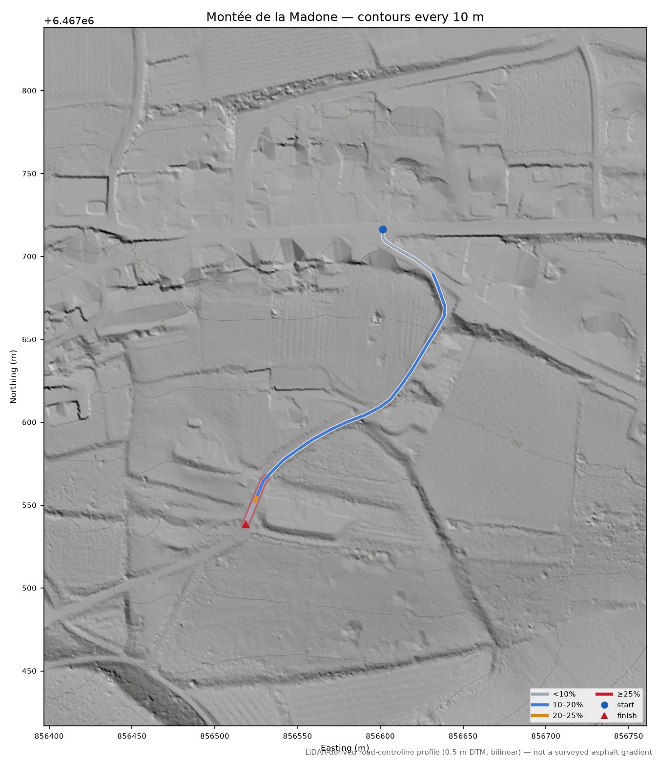 Montée de la Madone LiDAR hillshade map with contours