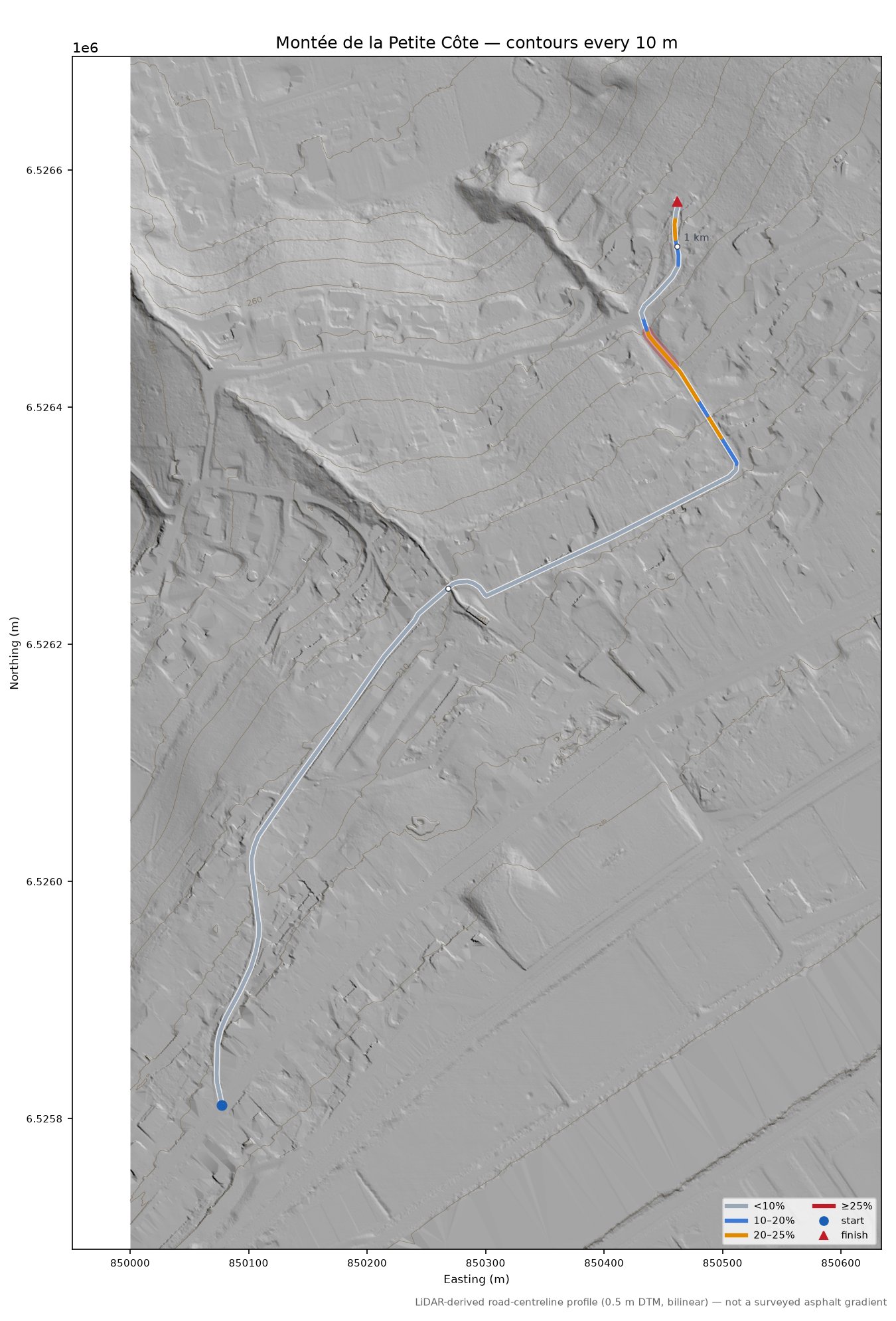 Montée de la Petite Côte LiDAR hillshade map with contours