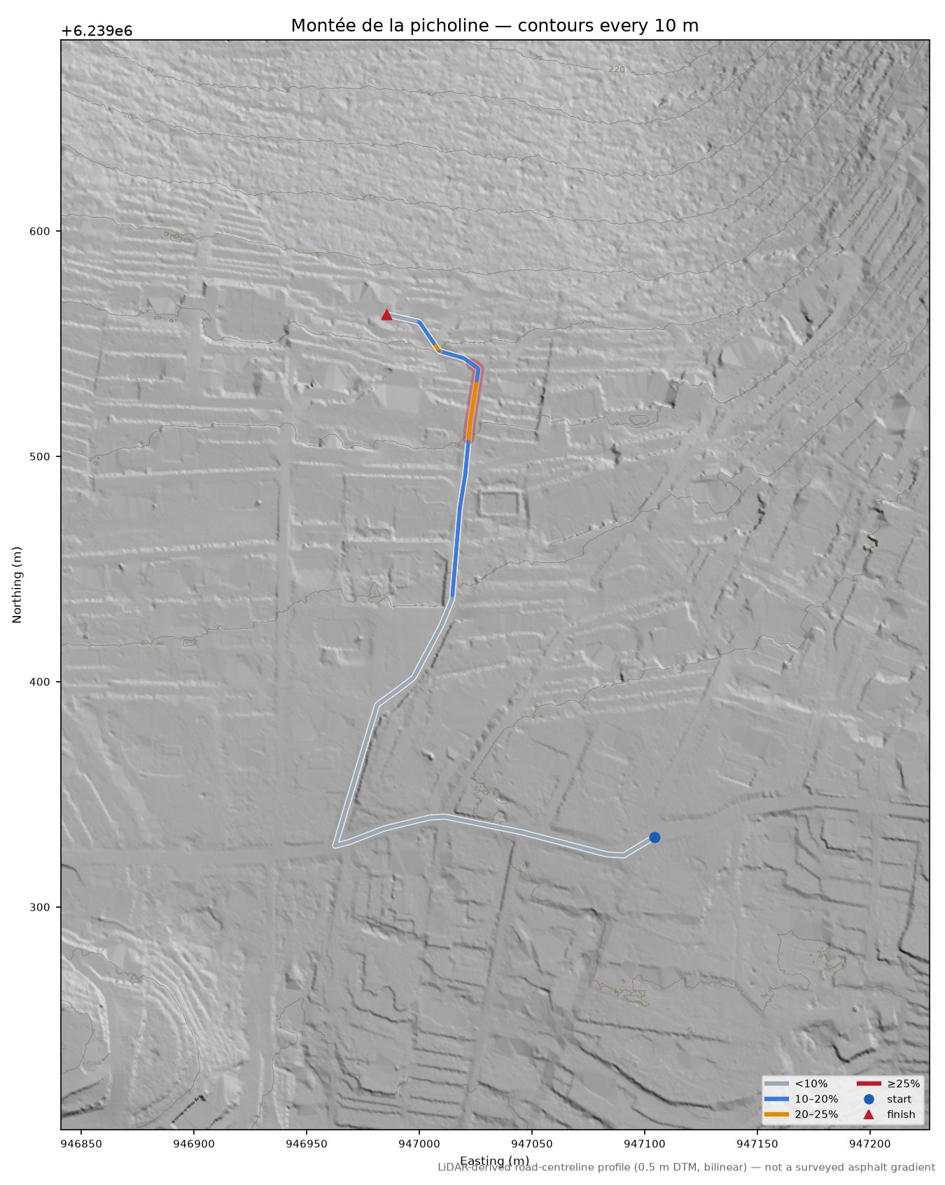 Montée de la picholine LiDAR hillshade map with contours