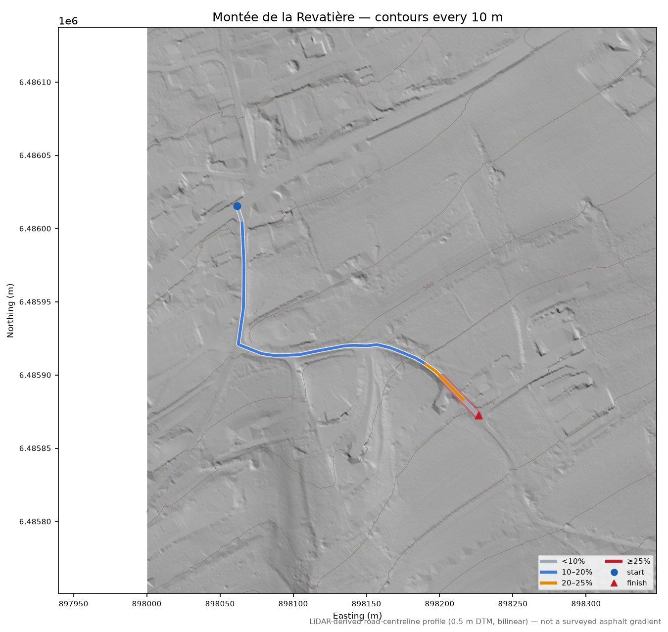 Montée de la Revatière LiDAR hillshade map with contours