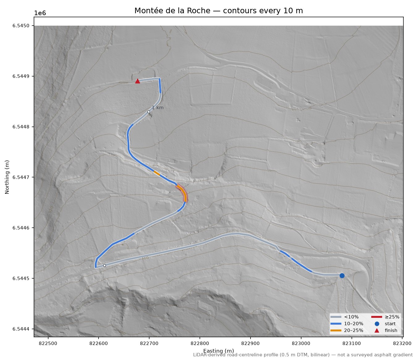 Montée de la Roche LiDAR hillshade map with contours