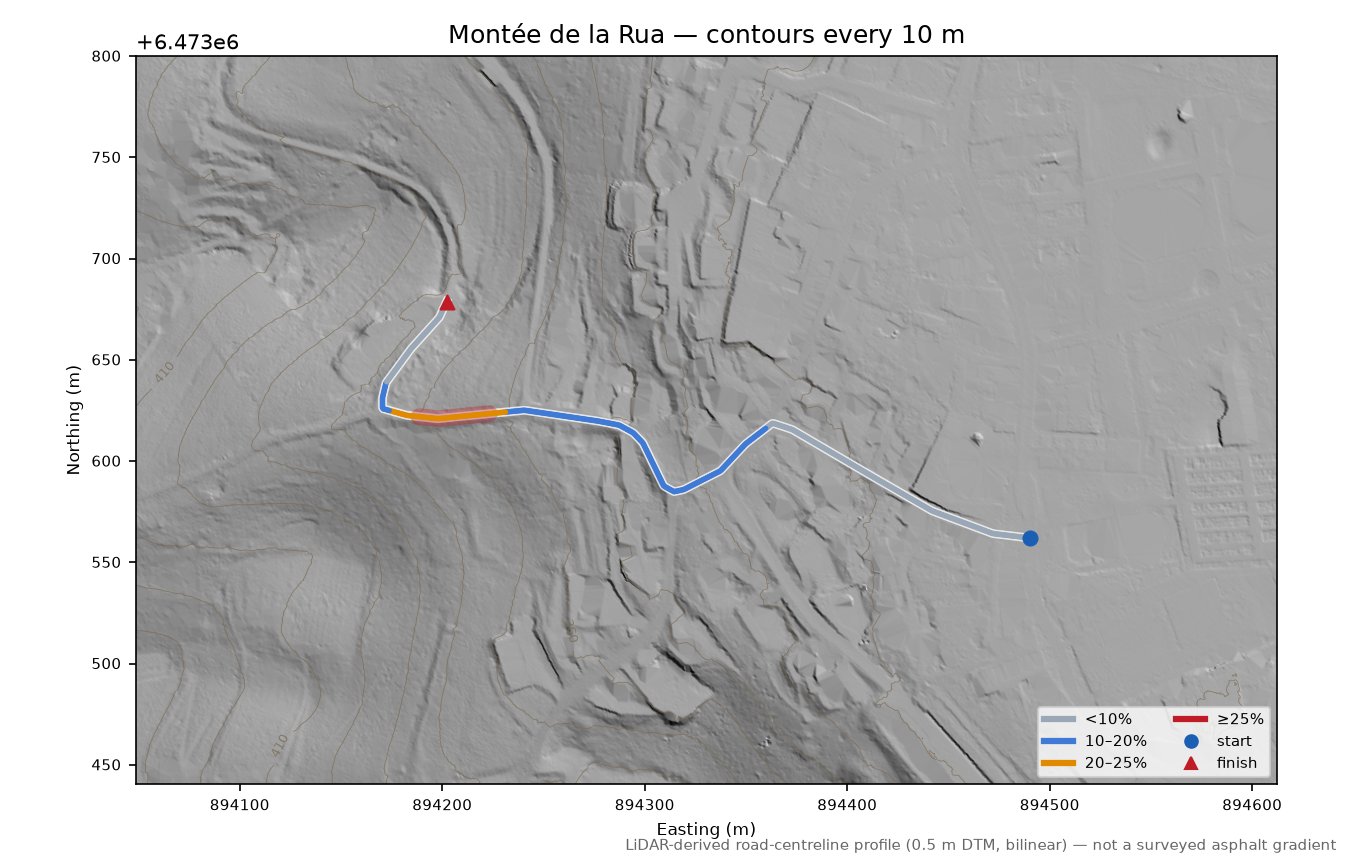 Montée de la Rua LiDAR hillshade map with contours