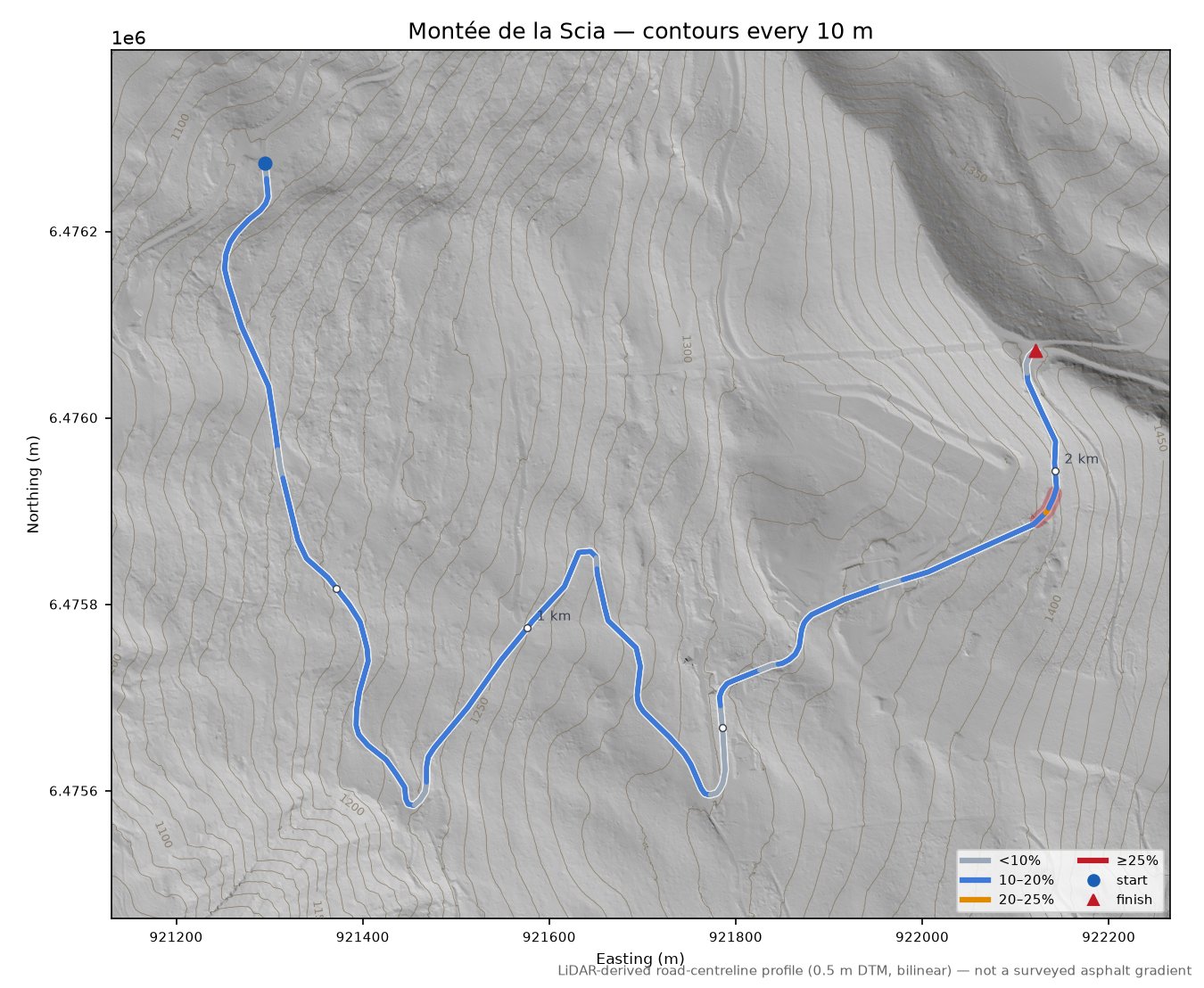Montée de la Scia LiDAR hillshade map with contours