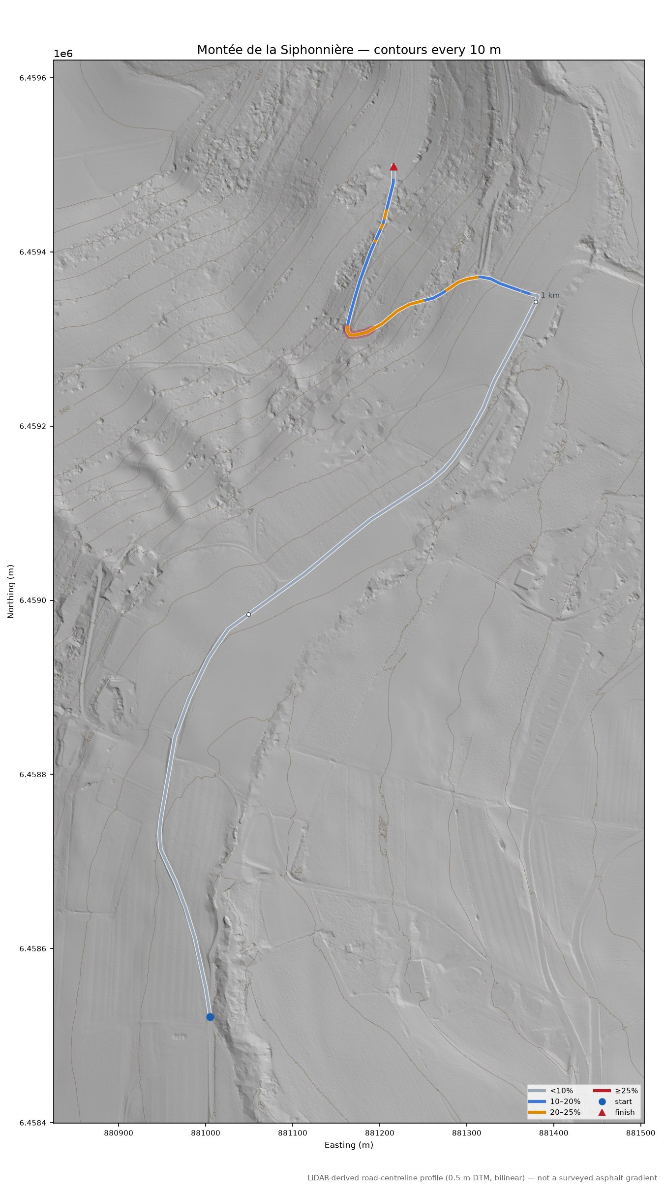 Montée de la Siphonnière LiDAR hillshade map with contours