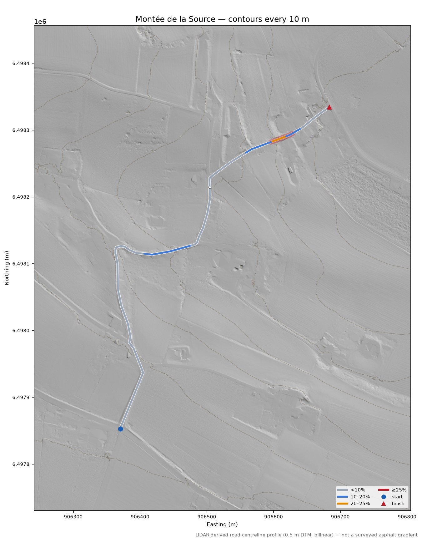 Montée de la Source LiDAR hillshade map with contours