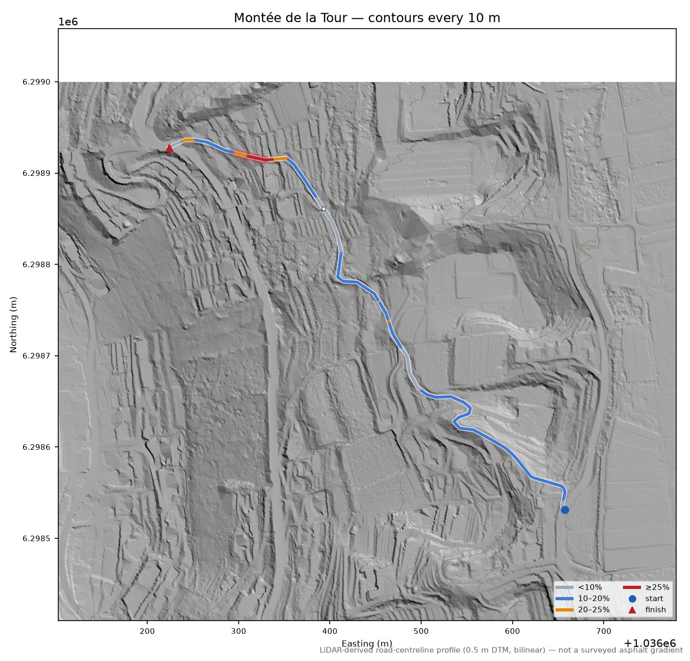 Montée de la Tour LiDAR hillshade map with contours