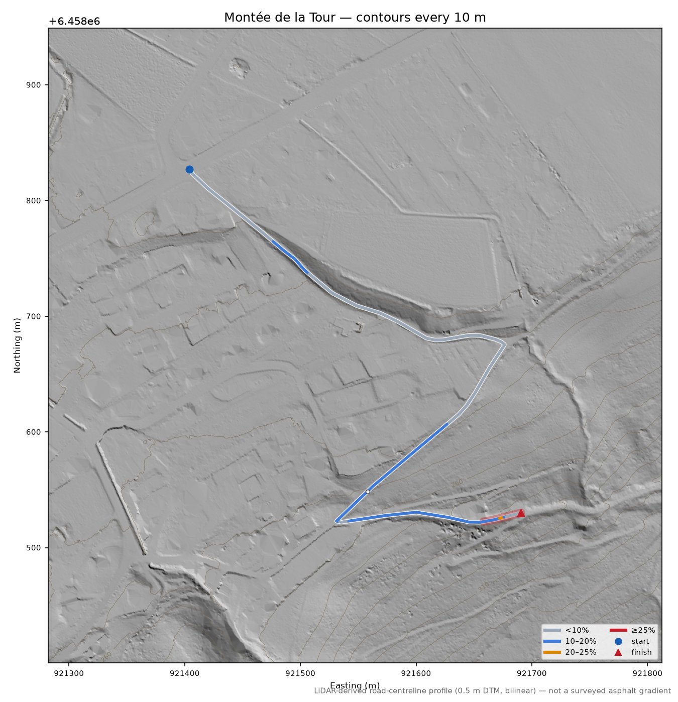 Montée de la Tour LiDAR hillshade map with contours