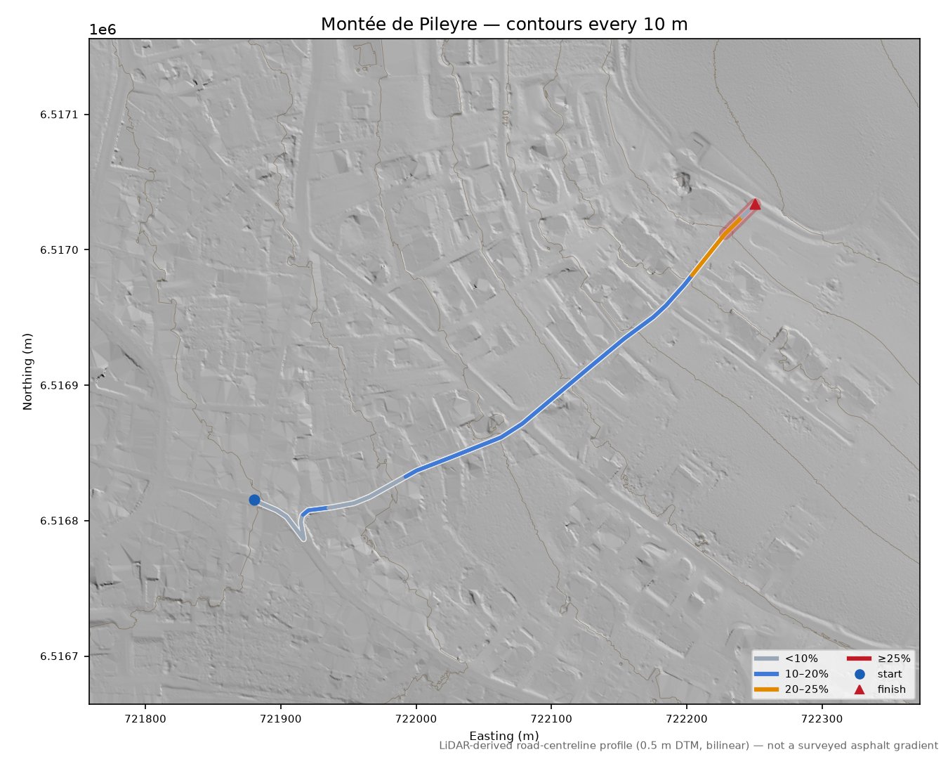 Montée de Pileyre LiDAR hillshade map with contours