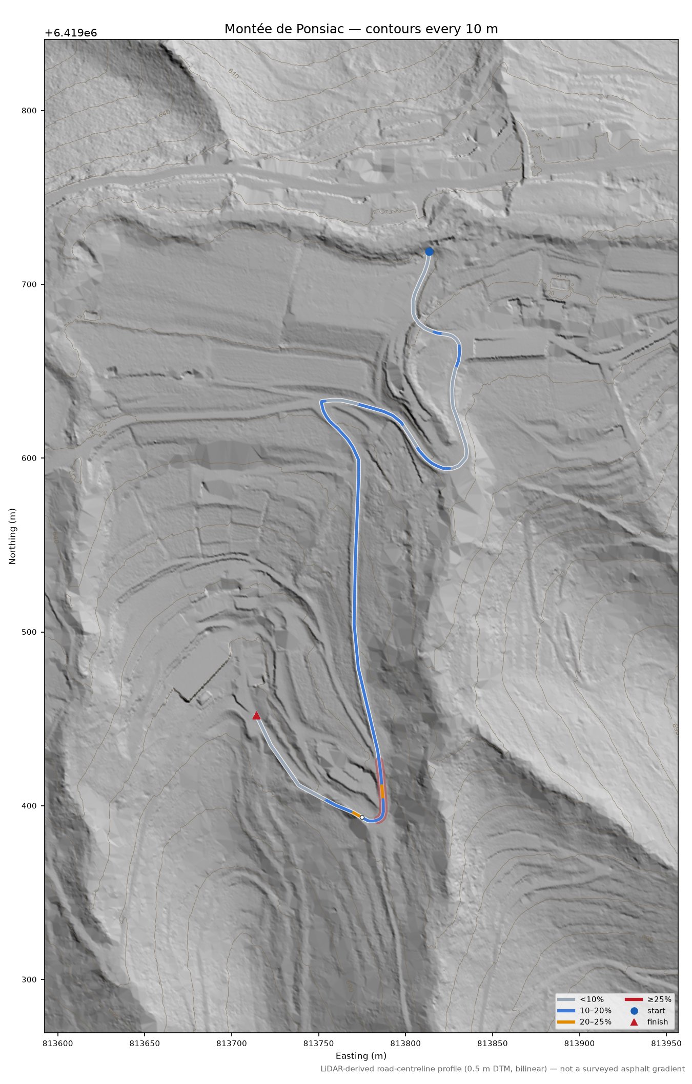 Montée de Ponsiac LiDAR hillshade map with contours