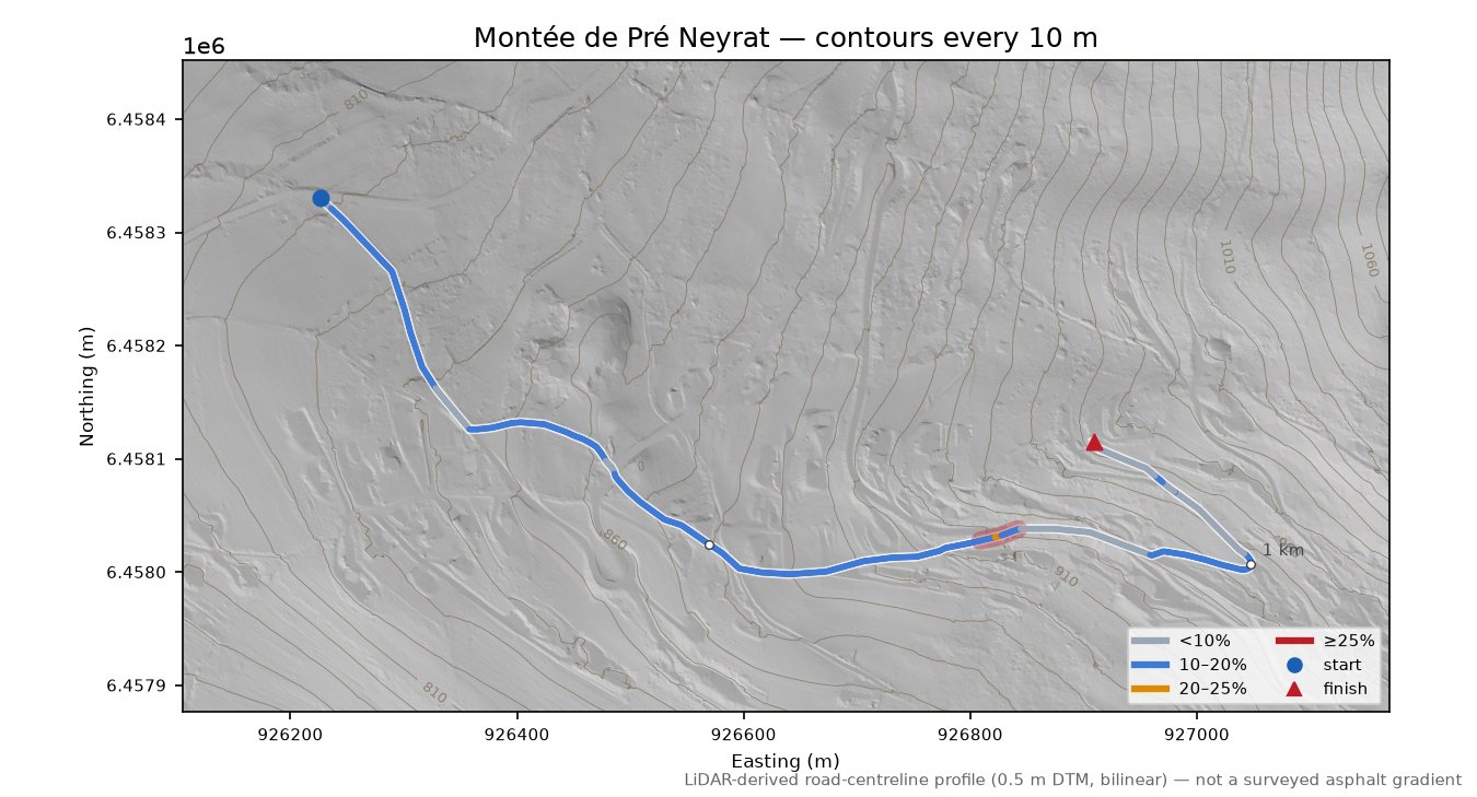 Montée de Pré Neyrat LiDAR hillshade map with contours