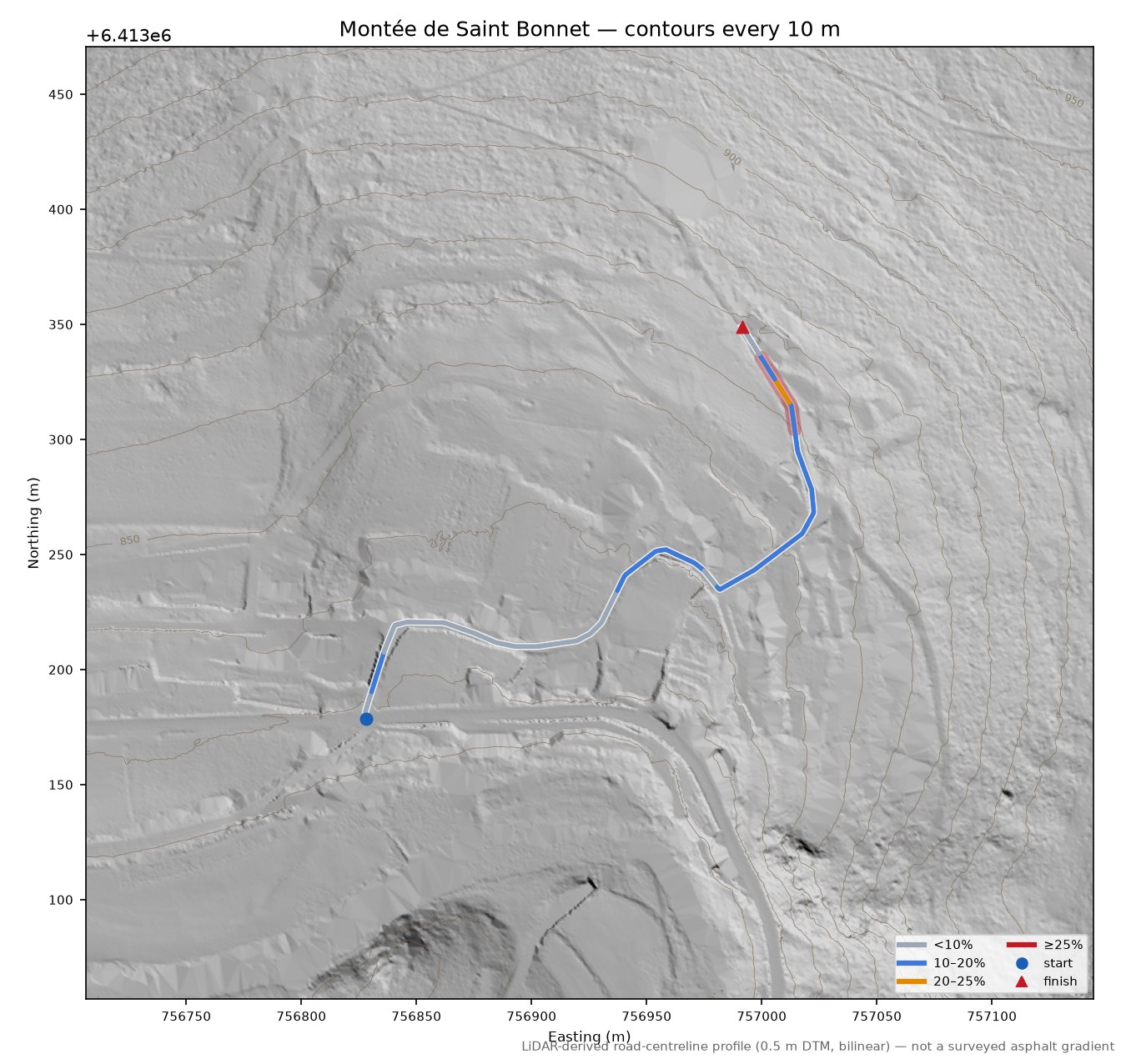 Montée de Saint Bonnet LiDAR hillshade map with contours