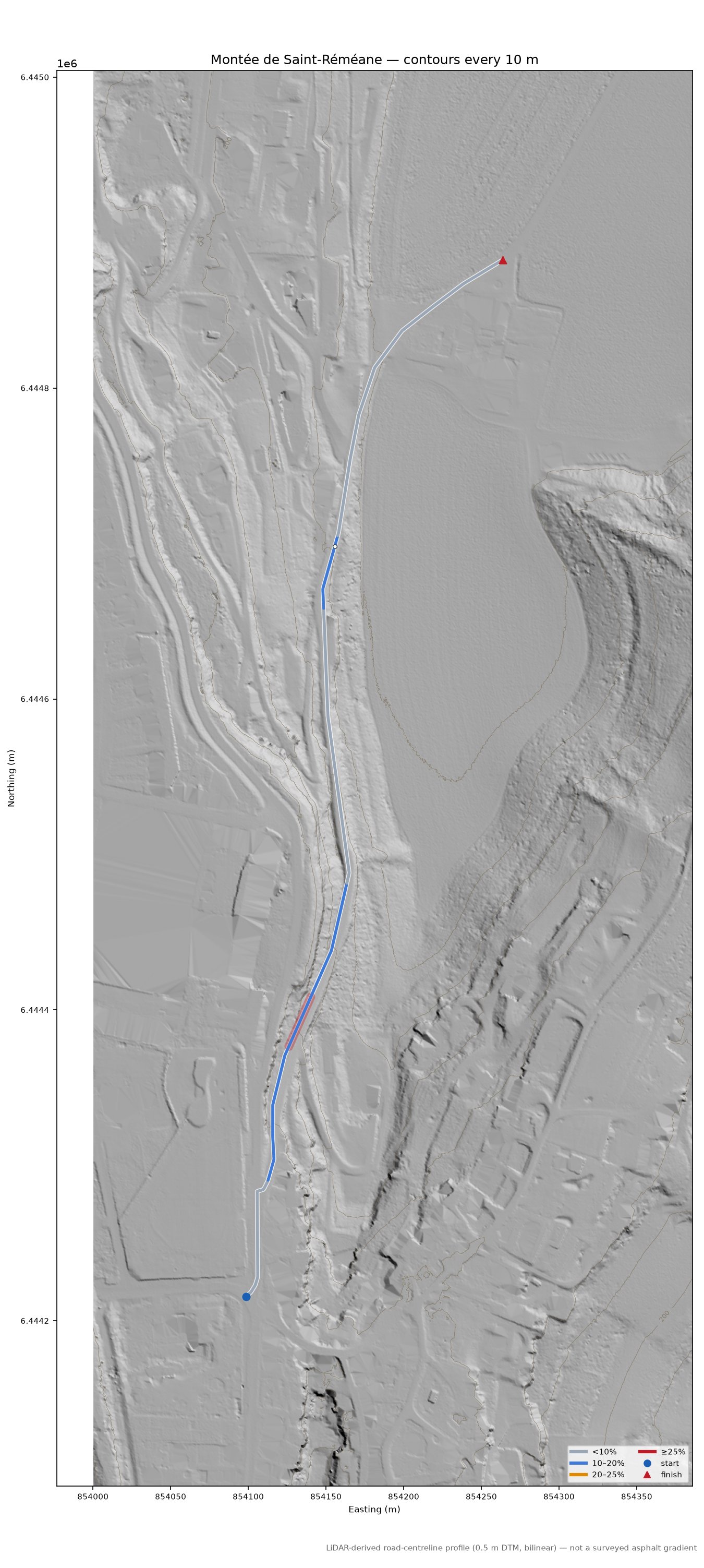 Montée de Saint-Réméane LiDAR hillshade map with contours