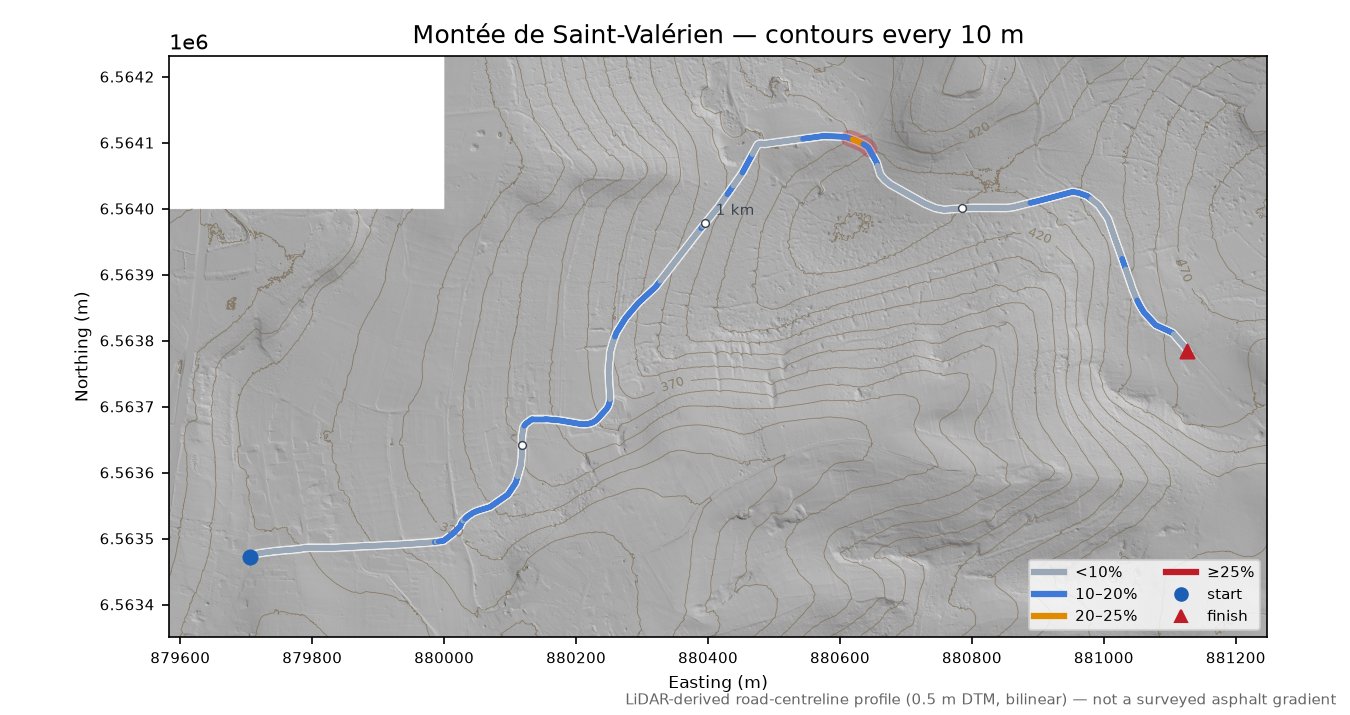Montée de Saint-Valérien LiDAR hillshade map with contours