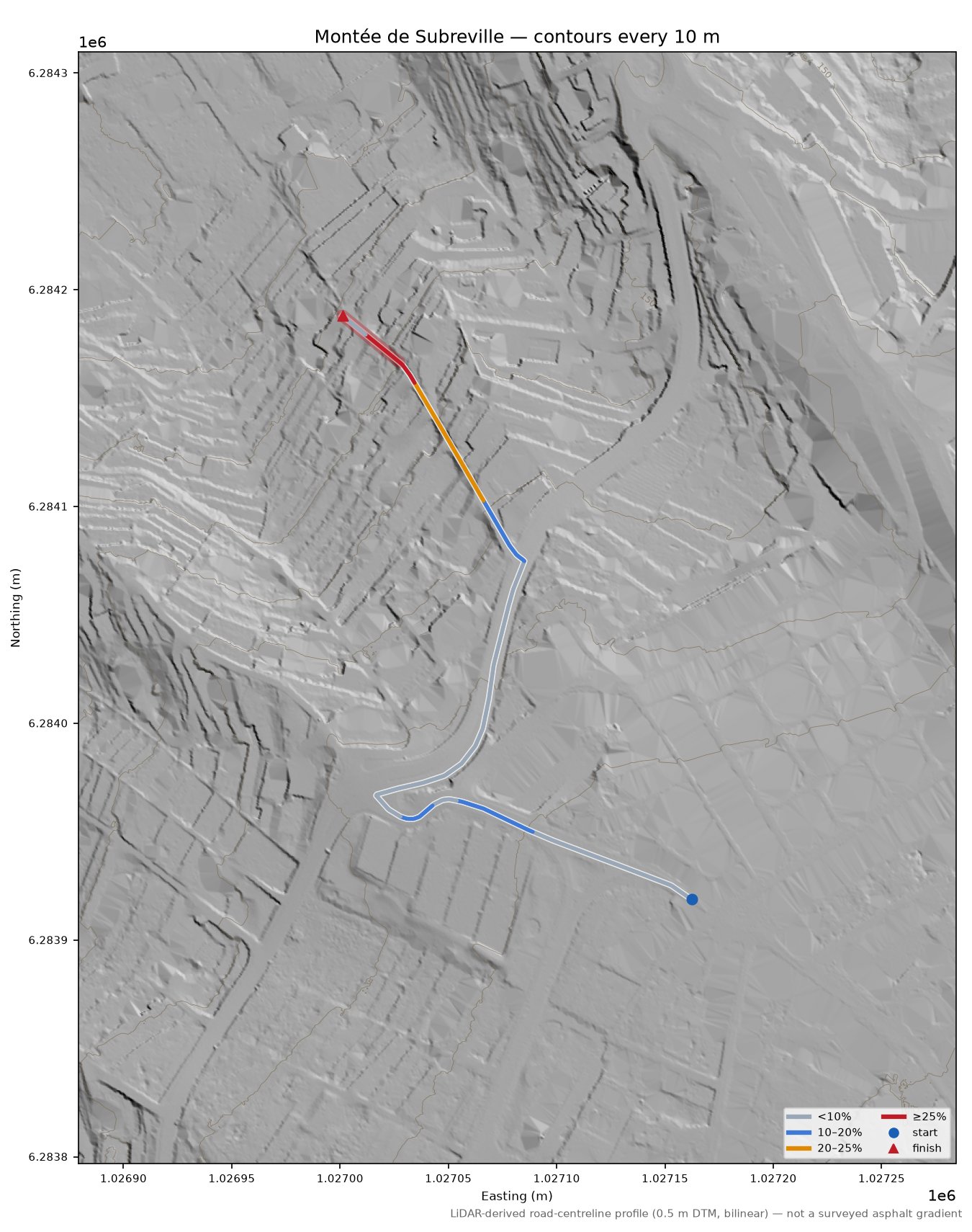 Montée de Subreville LiDAR hillshade map with contours