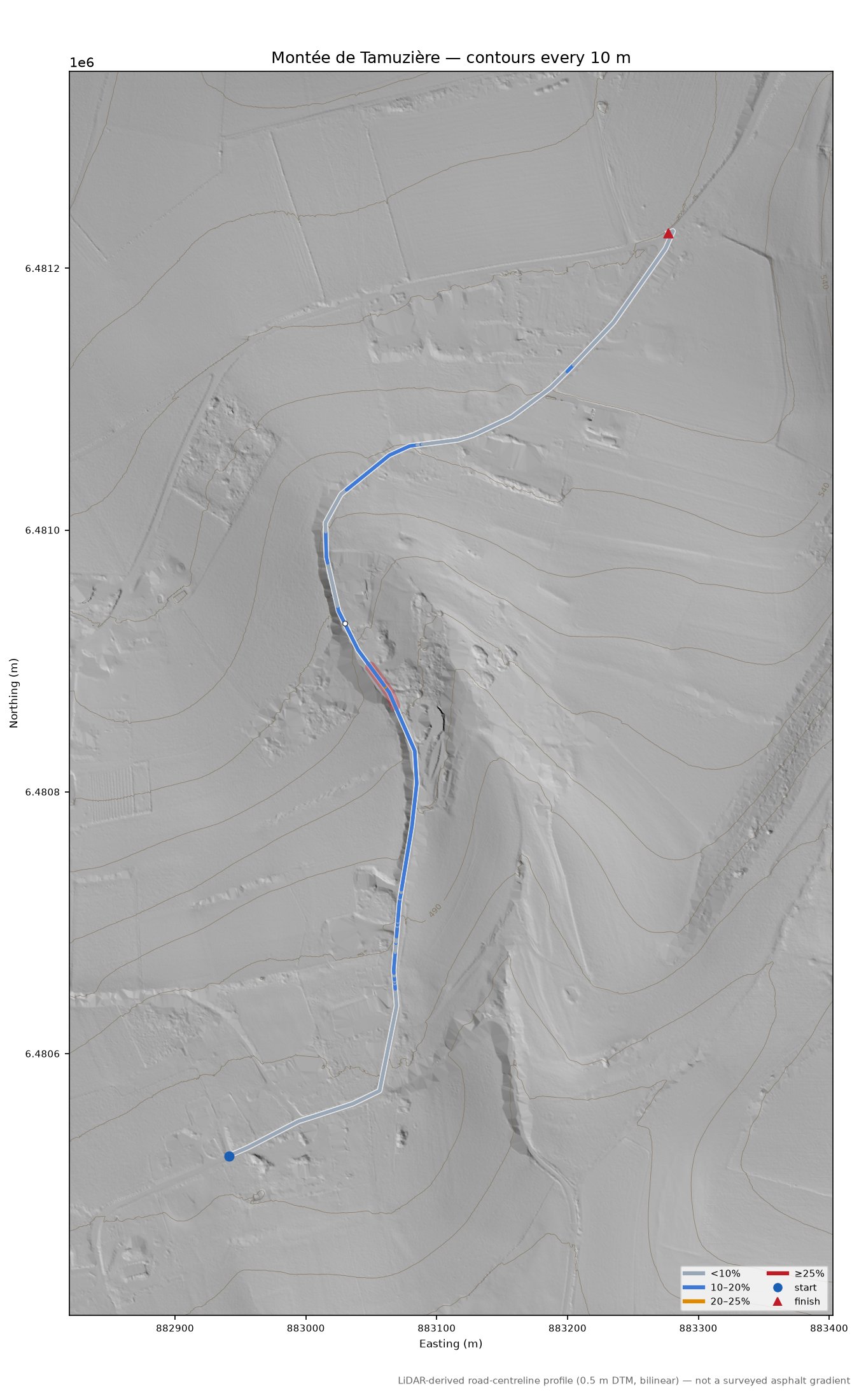 Montée de Tamuzière LiDAR hillshade map with contours