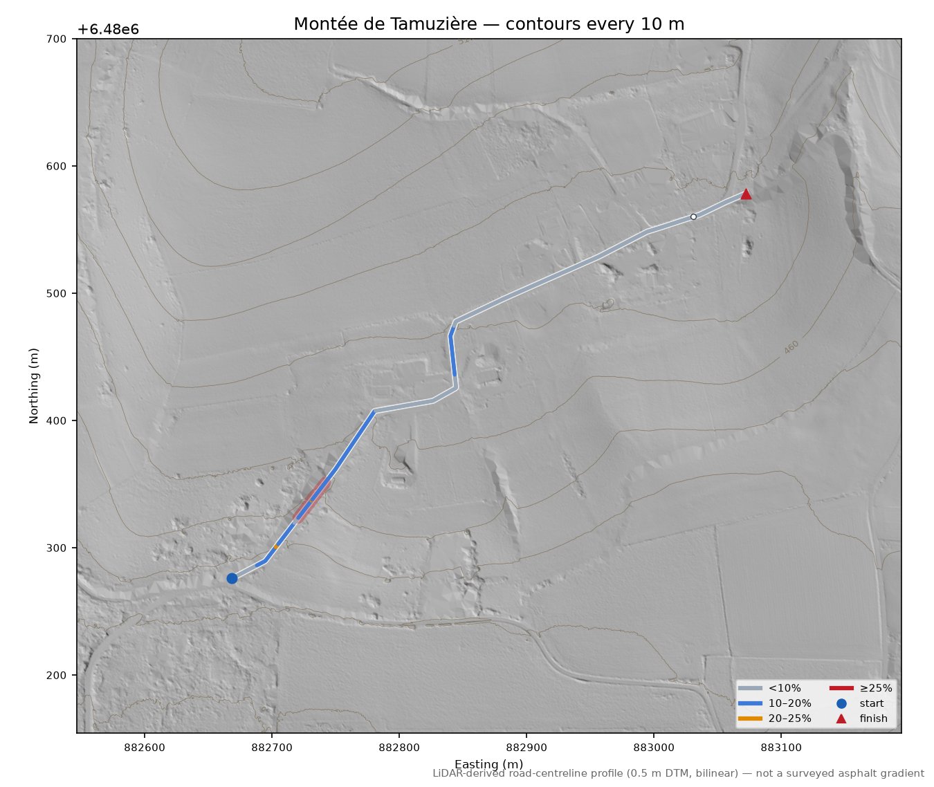 Montée de Tamuzière LiDAR hillshade map with contours
