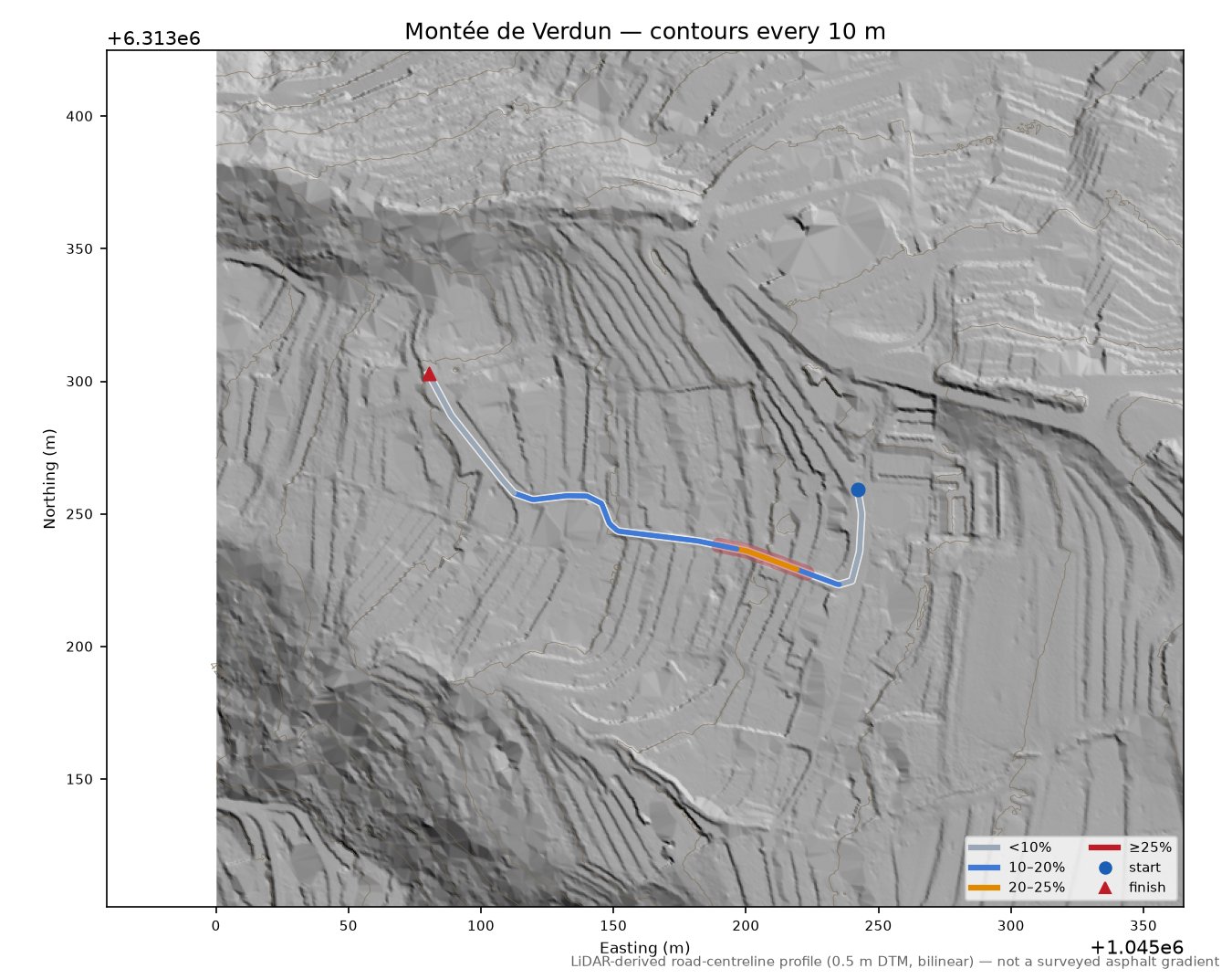 Montée de Verdun LiDAR hillshade map with contours