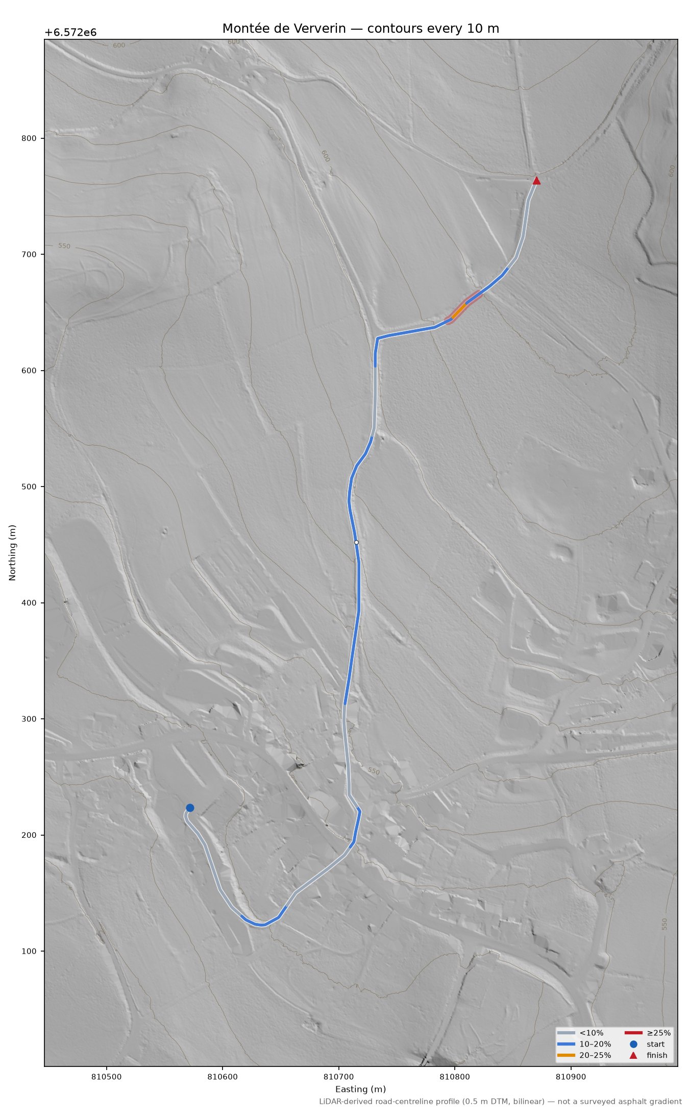 Montée de Ververin LiDAR hillshade map with contours