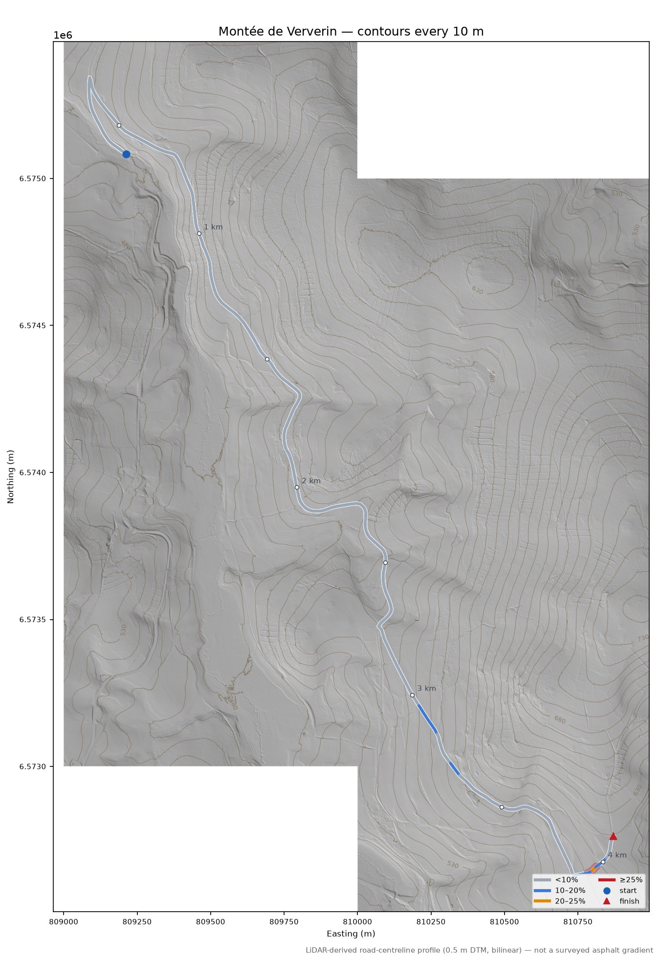 Montée de Ververin LiDAR hillshade map with contours