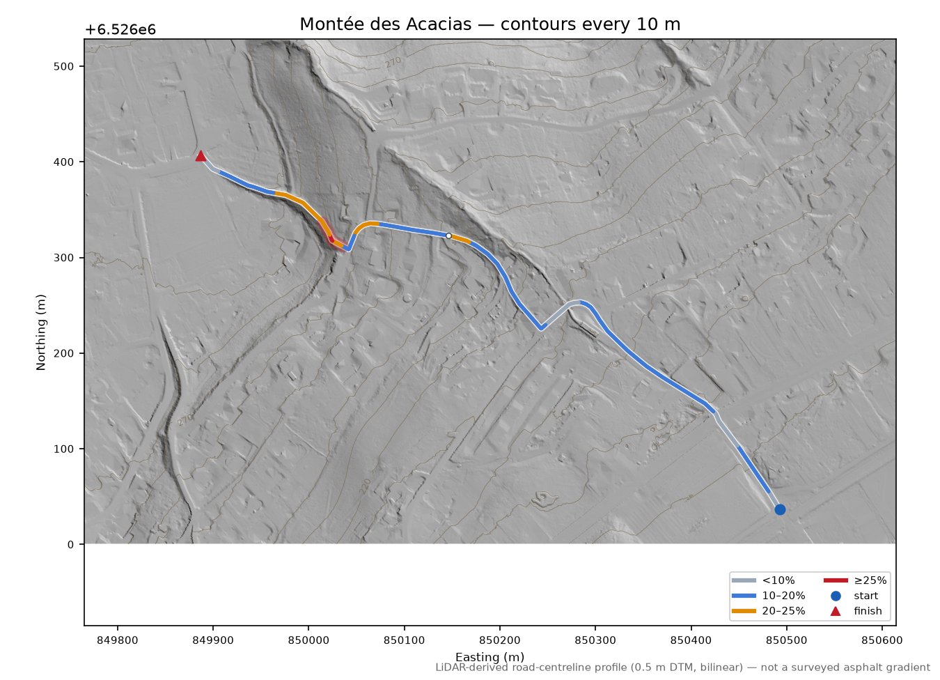 Montée des Acacias LiDAR hillshade map with contours