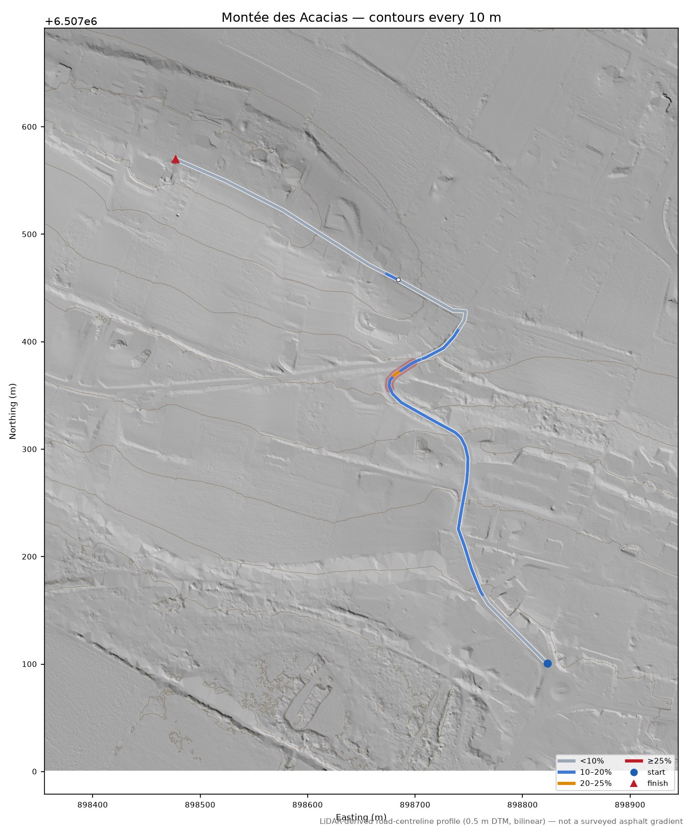 Montée des Acacias LiDAR hillshade map with contours