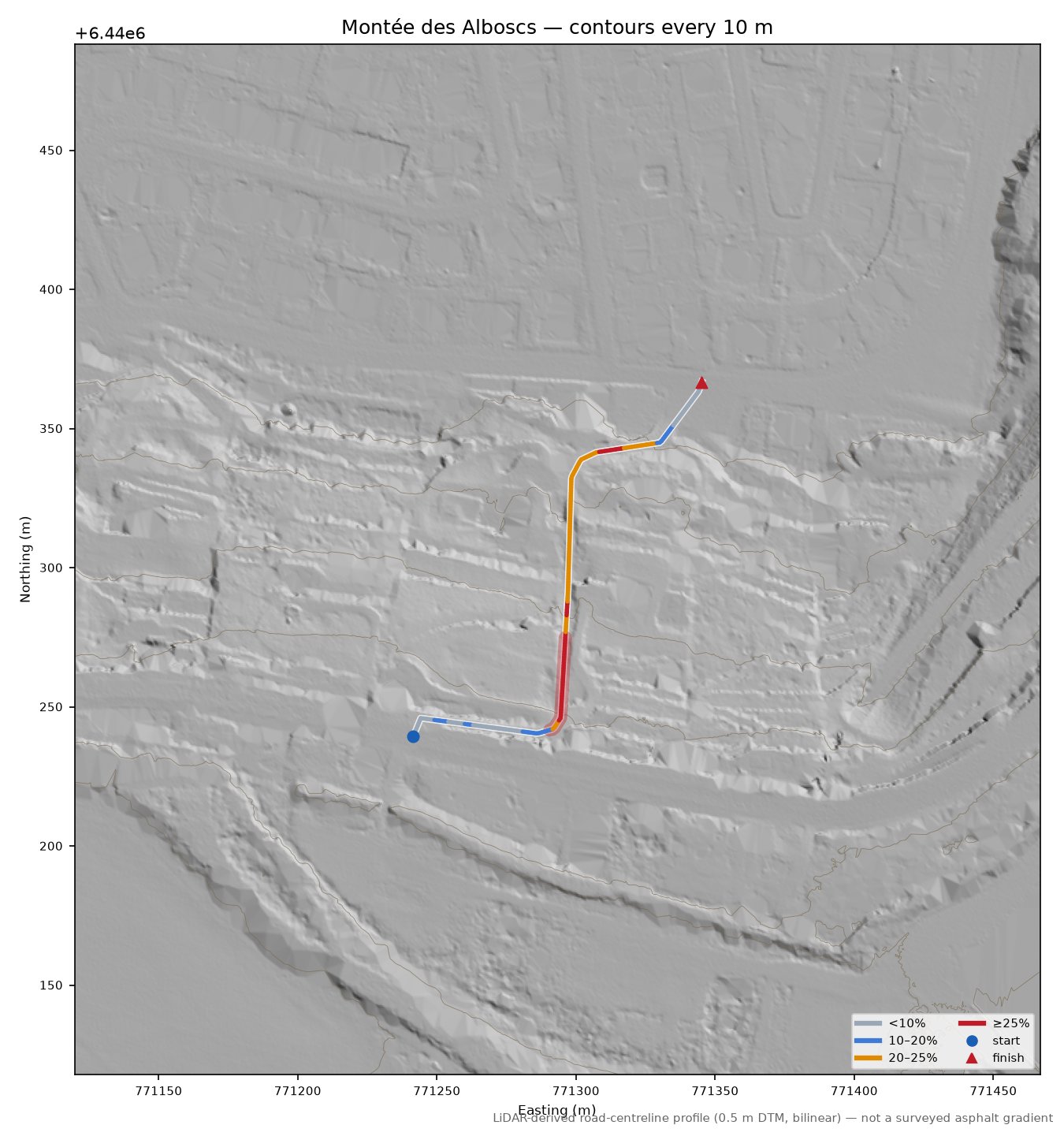 Montée des Alboscs LiDAR hillshade map with contours