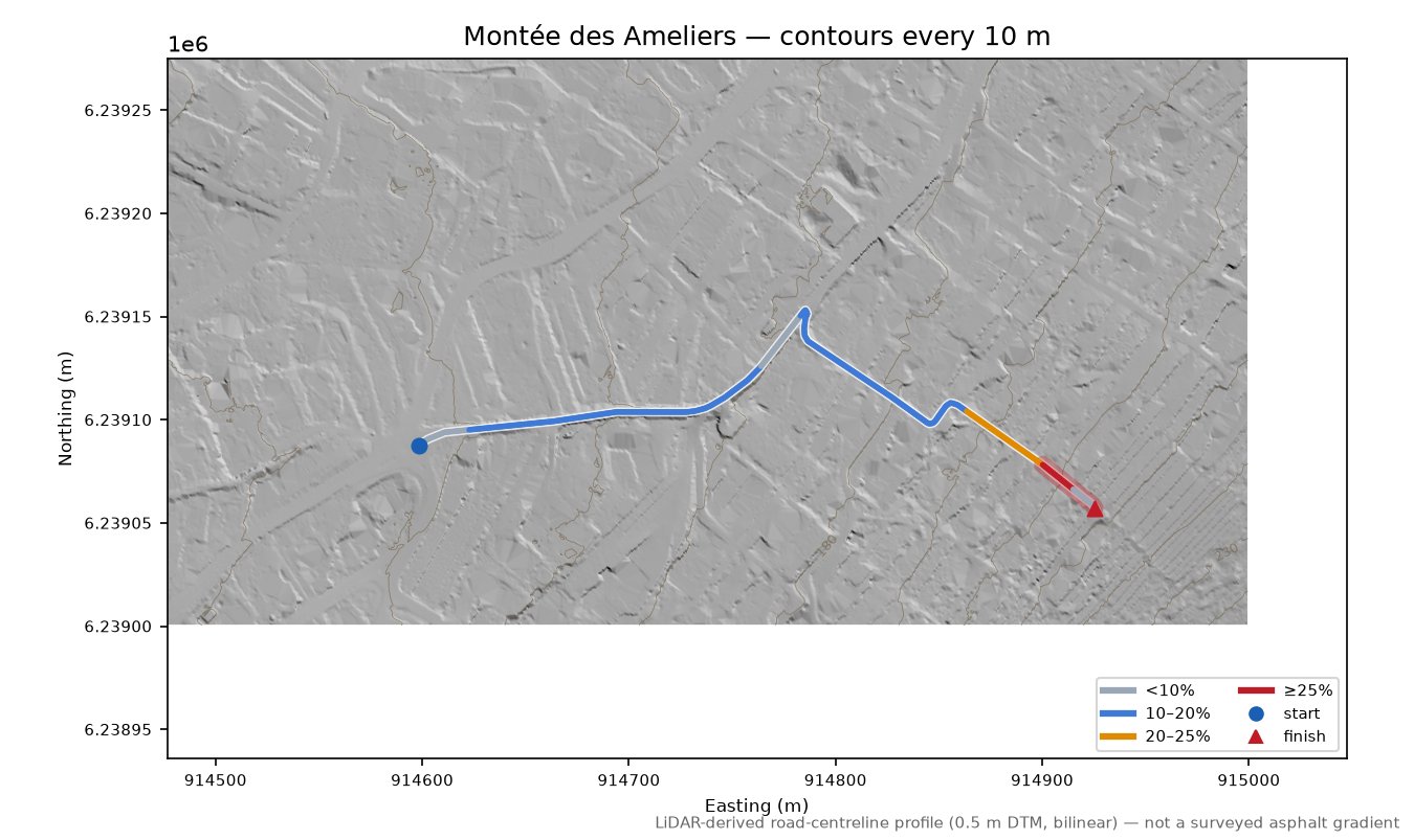 Montée des Ameliers LiDAR hillshade map with contours