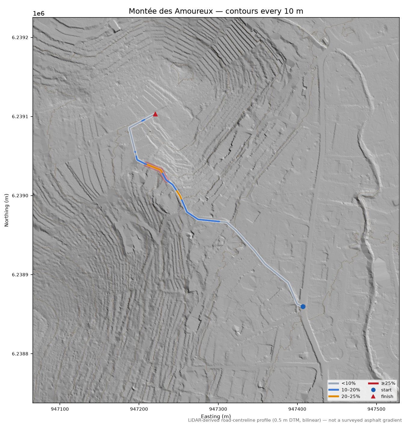 Montée des Amoureux LiDAR hillshade map with contours