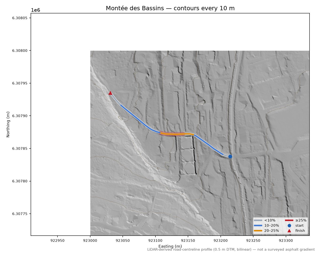 Montée des Bassins LiDAR hillshade map with contours