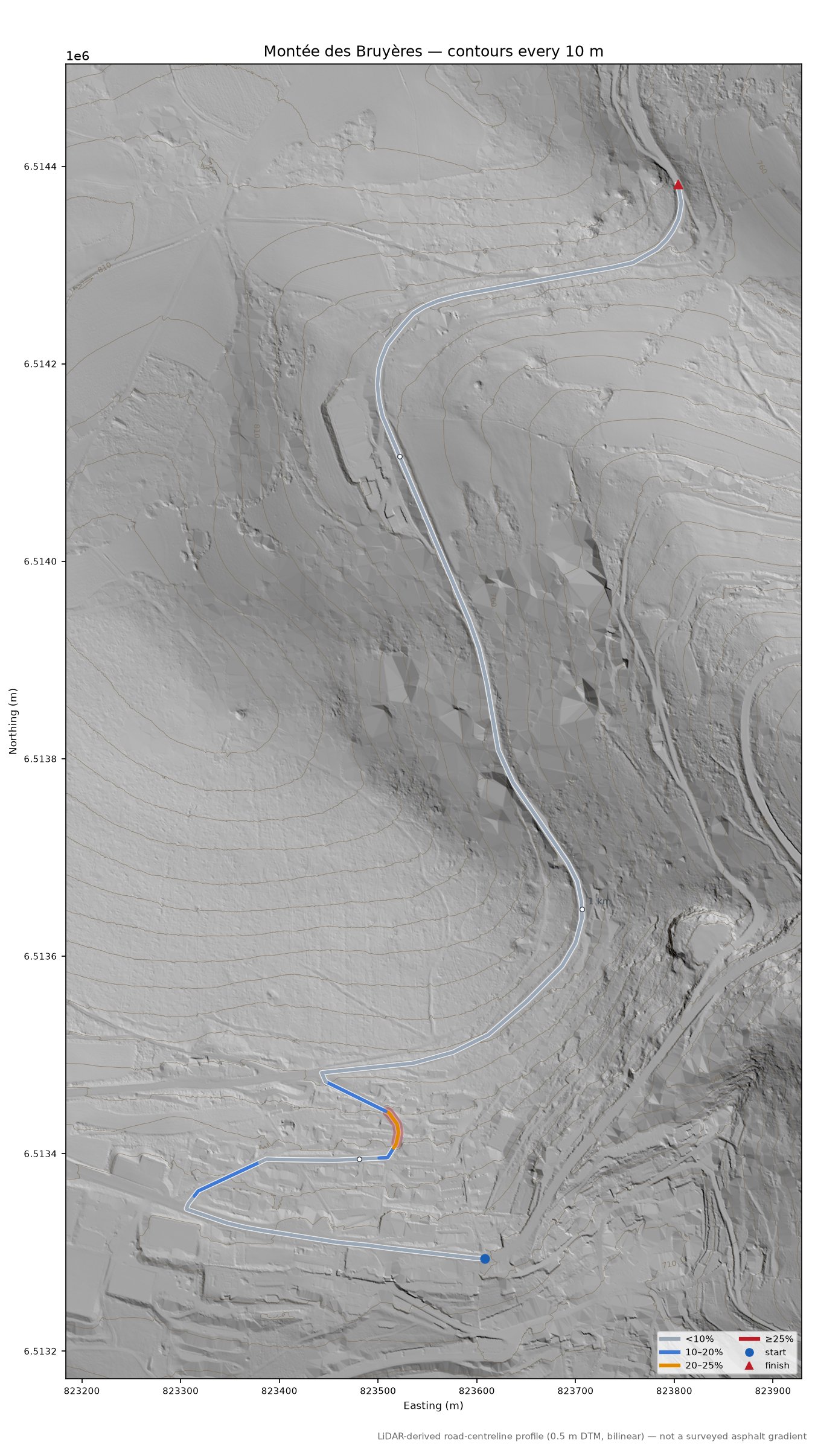 Montée des Bruyères LiDAR hillshade map with contours
