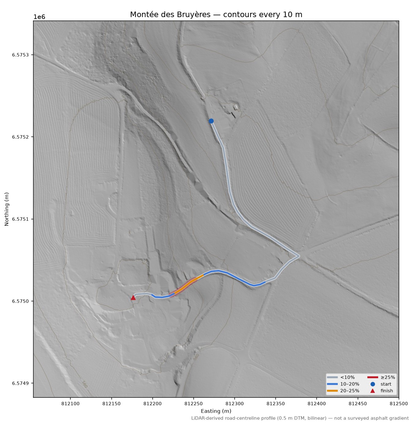 Montée des Bruyères LiDAR hillshade map with contours